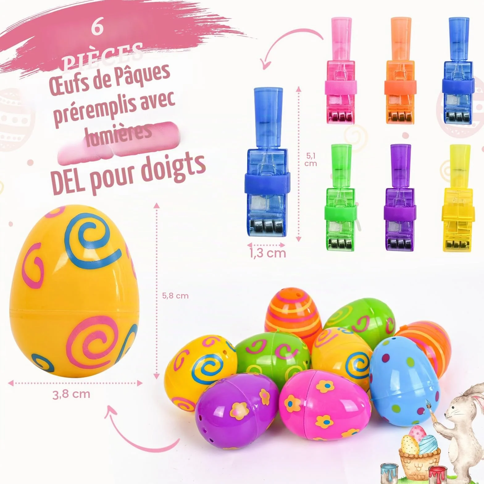 Œufs de Pâques lumineux pour enfants - Lot de 6 avec lumière doigt, décoration Pâques plastique