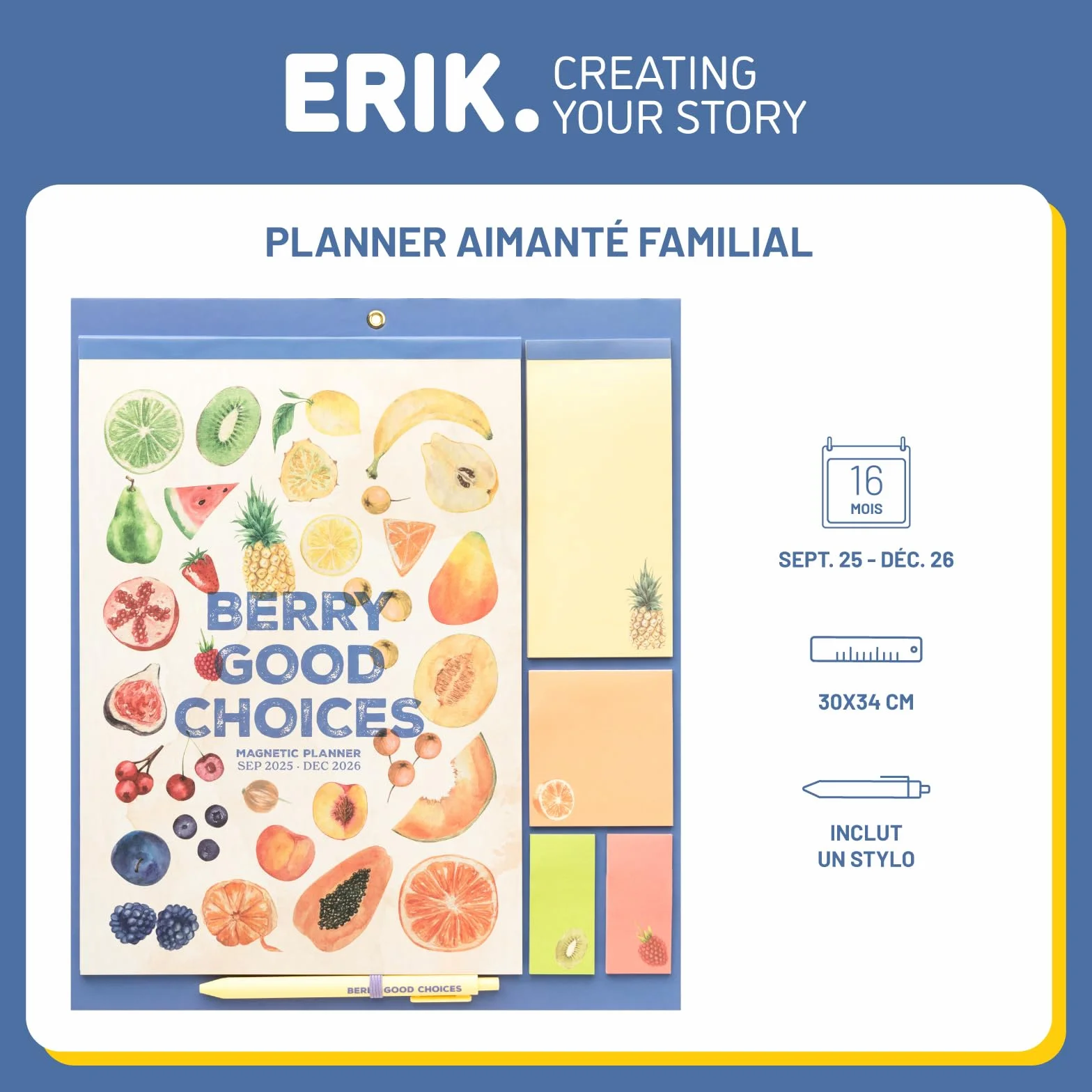 Calendrier Magnétique Frigo Fruits 2025-2026 | Planificateur Mensuel 16 mois Grupo Erik