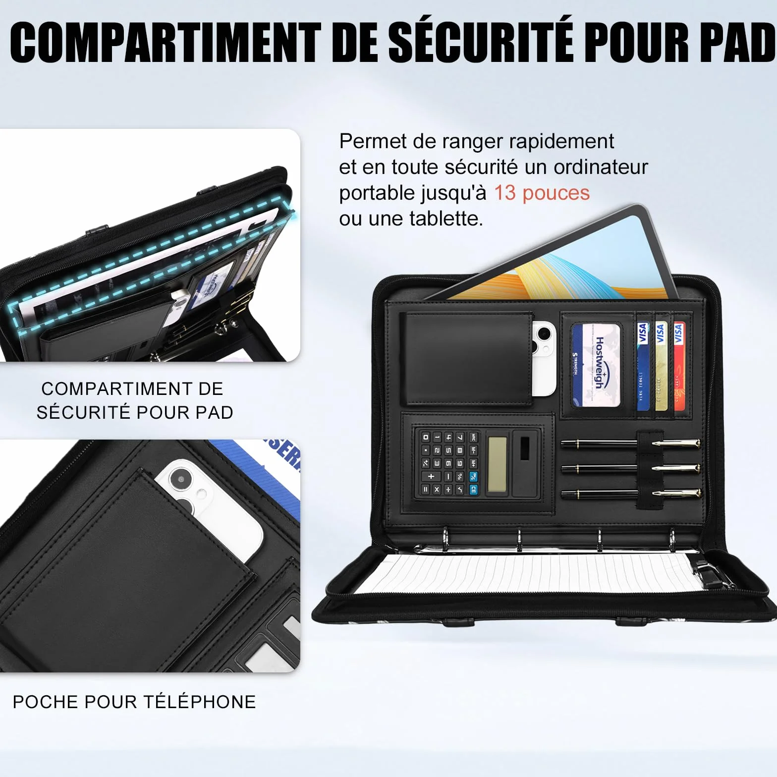 Leathario Porte Documents A4 Portfolio avec Stylo et 5 Intercalaires 10 Pochettes Padfolio Poignée Magnétique