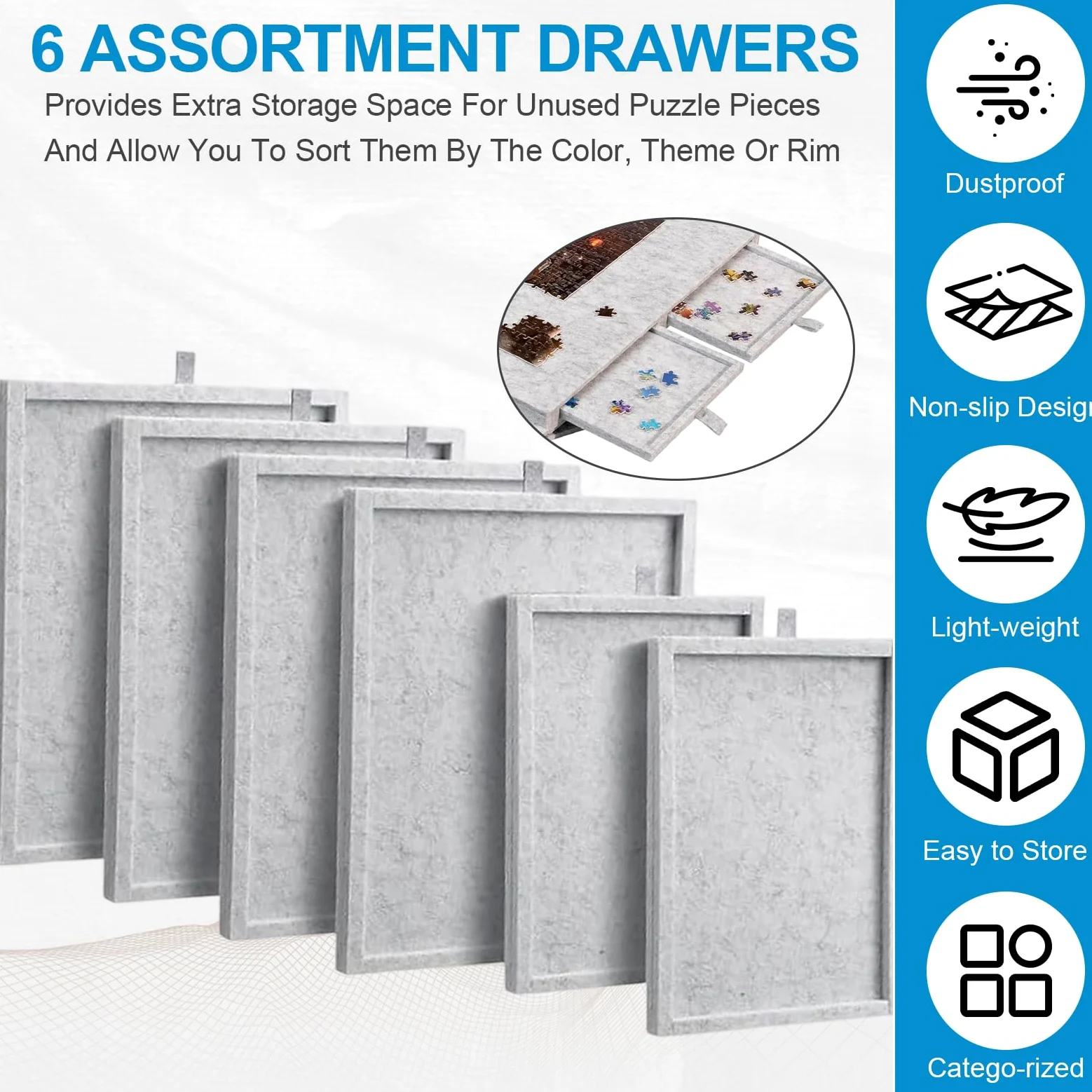 Planche de puzzle inclinable avec 6 tiroirs et housse, table de puzzle légère et portable avec support réglable pour 1 000 pièces, planche de puzzle pliable en feutre antidérapant pour adultes et