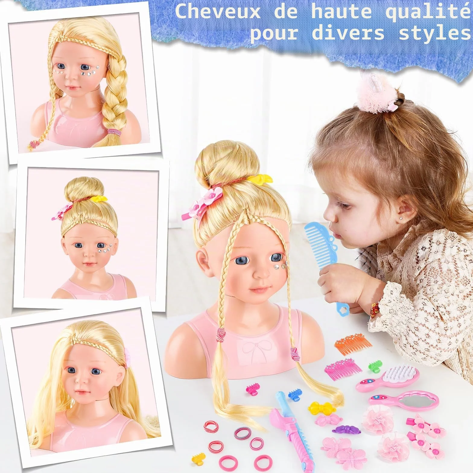 deAO Tête à Coiffer Enfant 27Pièces, Poupée Coiffure et Maquillage, Jouet Coiffure Créative pour Filles 3-10 Ans