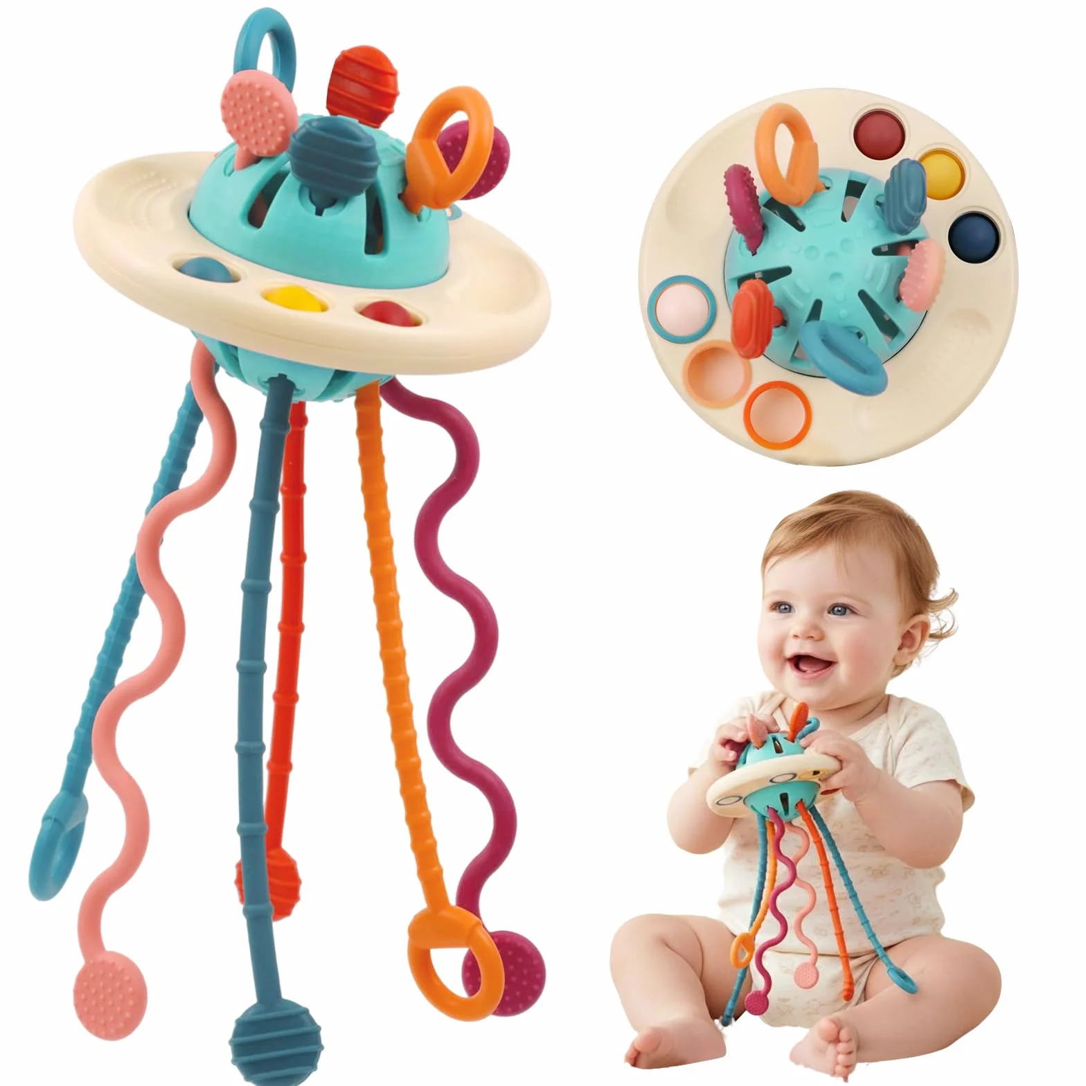 Jouet Sensoriel Montessori Bébé 1 an, Jouet à Tirer OVNI Éducatif Motricité Fine