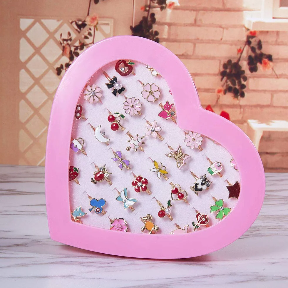 Diealles Shine 36 Pièces Bagues pour Enfants, Ensemble de Bagues Petites Filles avec Boîte Coeur Rose
