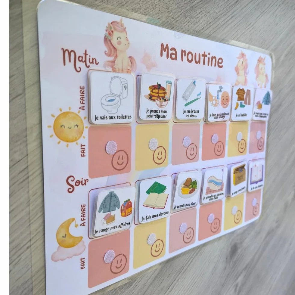 Licorne Tableau routine enfant Planning matin soir Calendrier tâches rituels 30 étiquettes