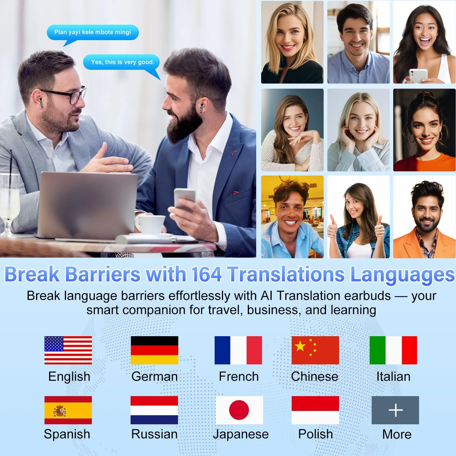 AI Traducteur Vocal Instantané Bluetooth 5.4 Écouteurs sans Fil 56H 164 Langues 7 Modes Traduction ENC Réduction Antibruit