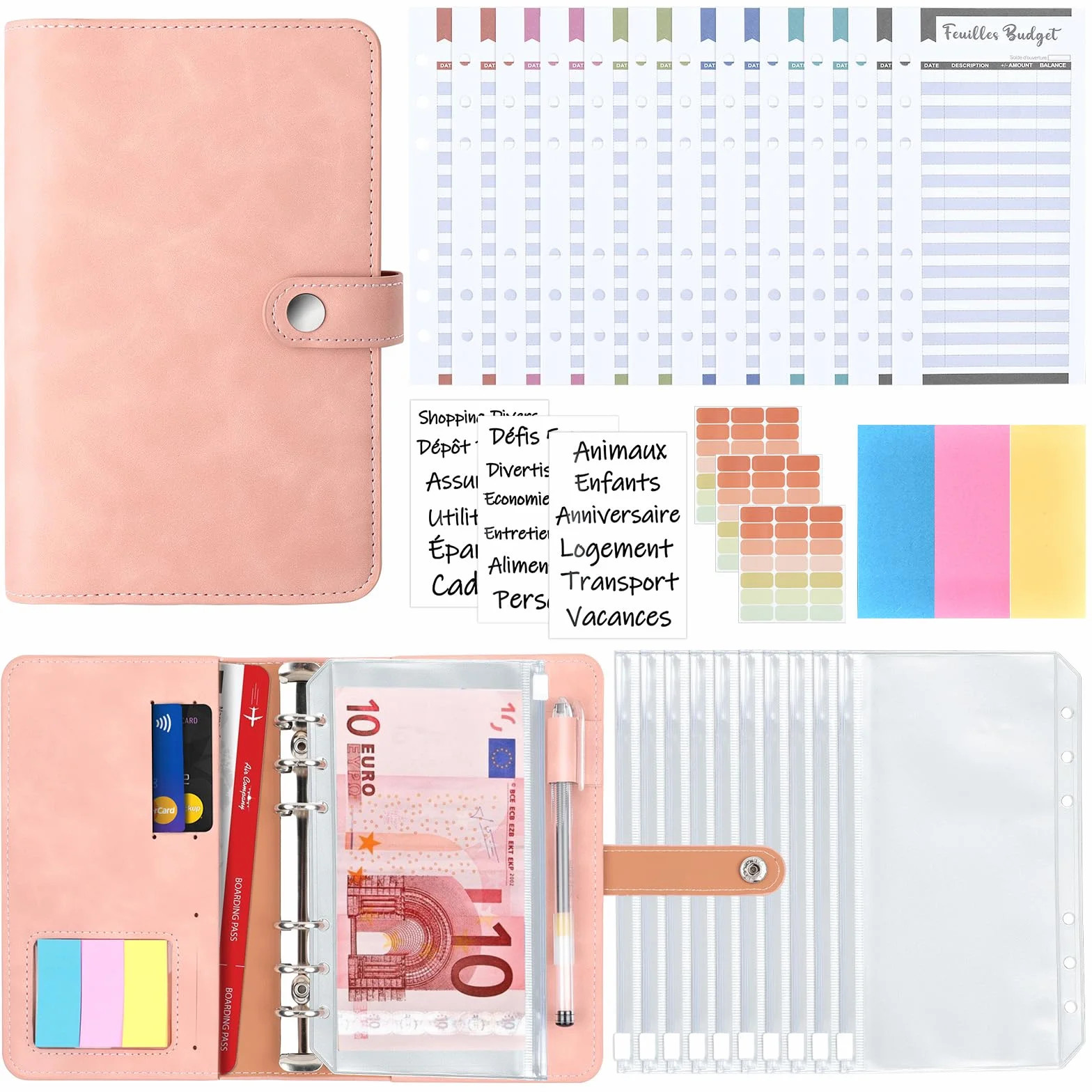 Classeur A6 en PU Cuir Budget Planner avec 10 PVC Enveloppe Budget, 12 Feuilles Budget, 3 Autocollants