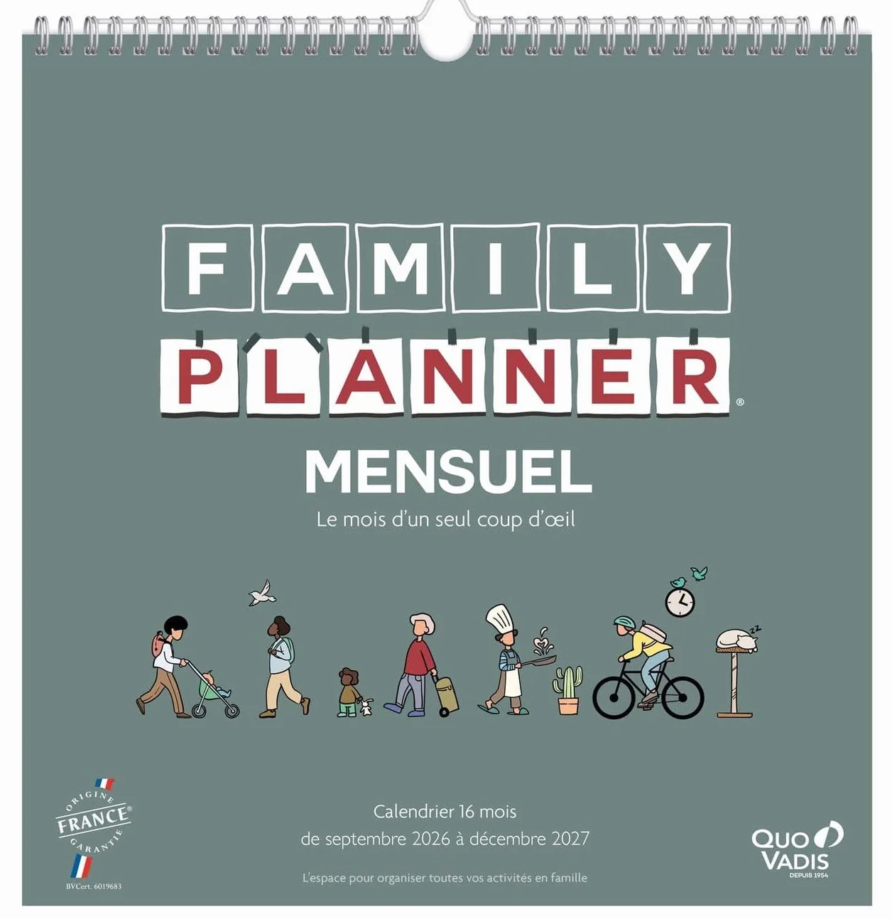 Quo Vadis Calendrier Mural Mensuel Family Planner 16 mois 30x30 cm