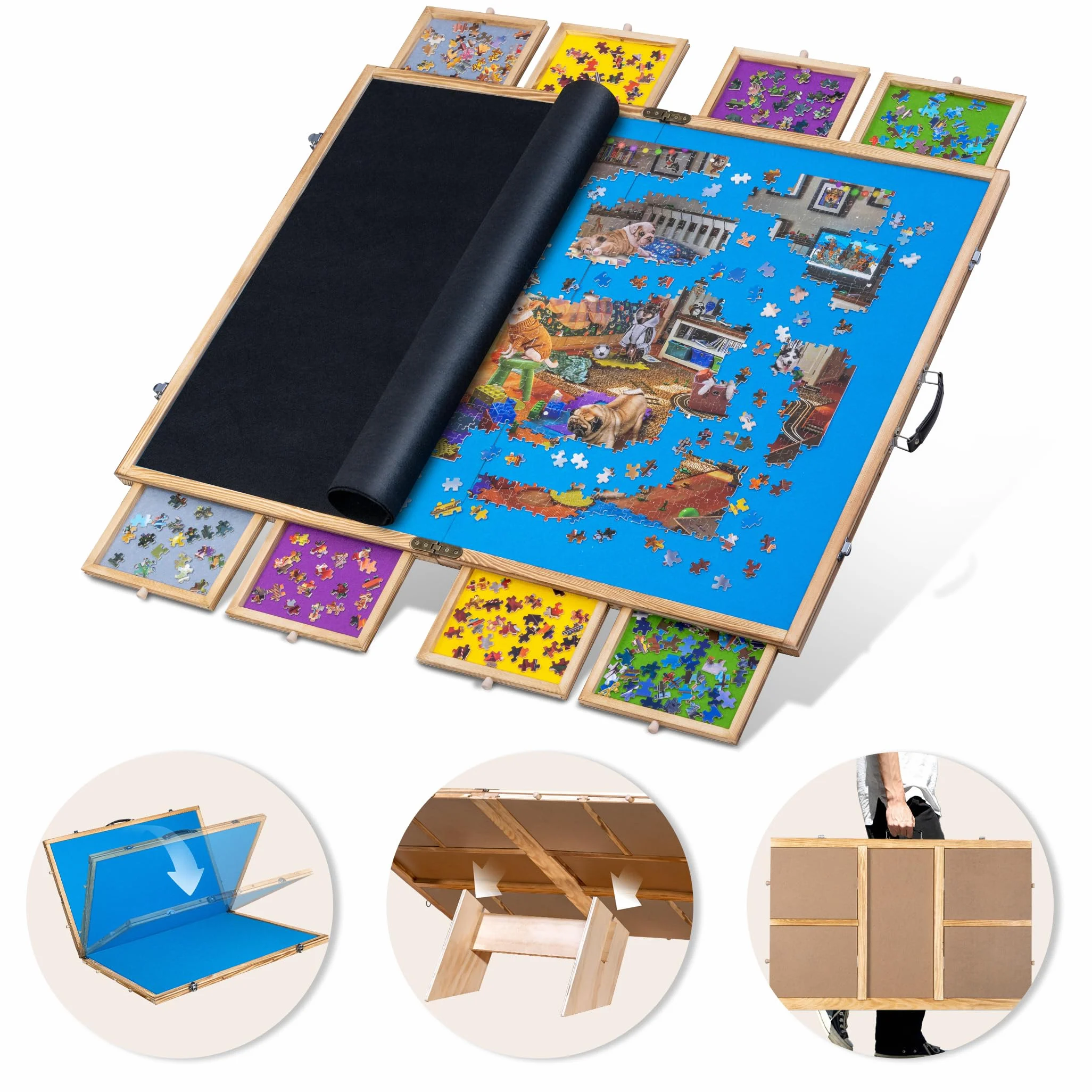 Lavievert Planche de puzzle de 2 000 pièces inclinable et pliable avec 8 tiroirs et couvercle, plateau de puzzle portable en bois avec poignée, table de puzzle réglable avec chevalet/support et dessus