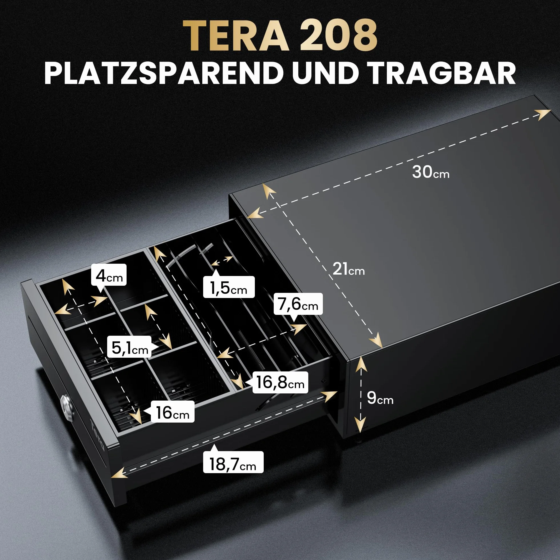 Tera Tiroir Caisse Métallique Réglable 20,8 × 30 × 9,8 cm 4 Compartiments Billets Monnaie Fente de Dépôt 2 Clés RJ12 pour Système POS