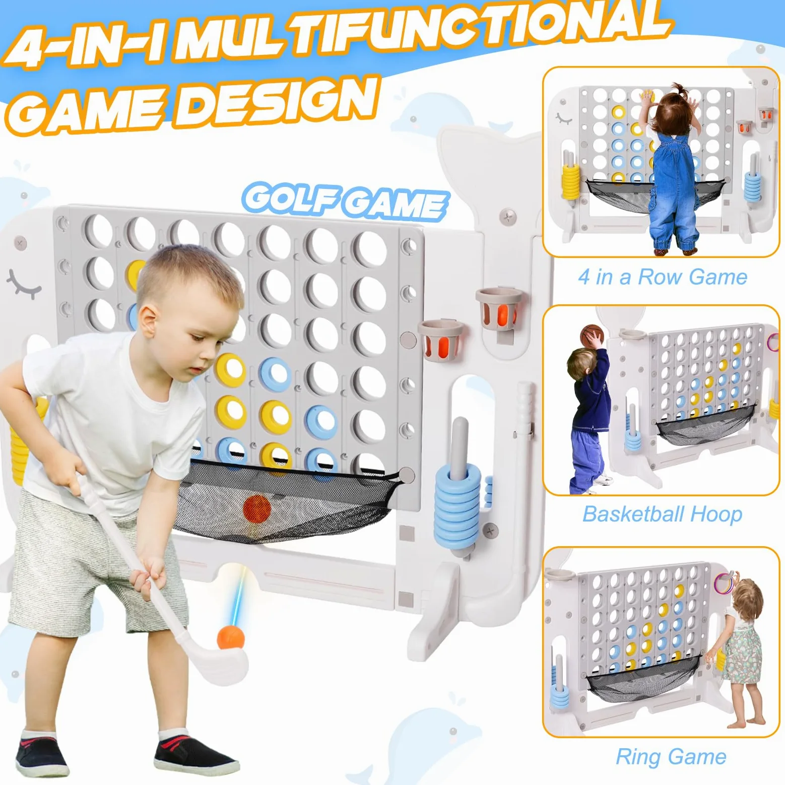 4 en 1Jeux Puissance 4 Géant Réglable Hauteur avec 42 Anneaux Géants 1 Filet,Jeu de Stratégie avec Porte-Anneaux et Levier de Réinitialisation,Jeu de Société pour Enfants et Adultes