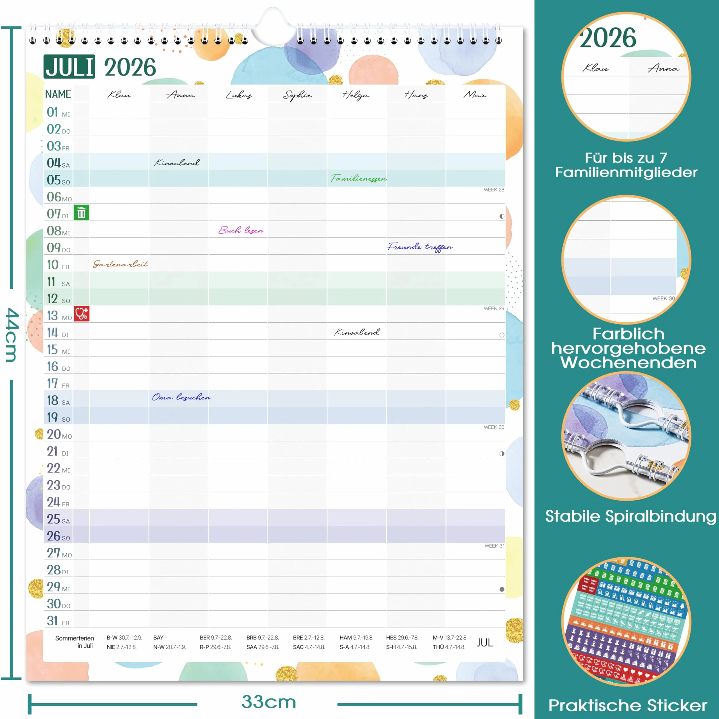 Planificateur familial 2026-2027 - Calendrier familial 7 colonnes juillet 2026 à décembre 2027 - 33 x 44 cm - Bulles colorées