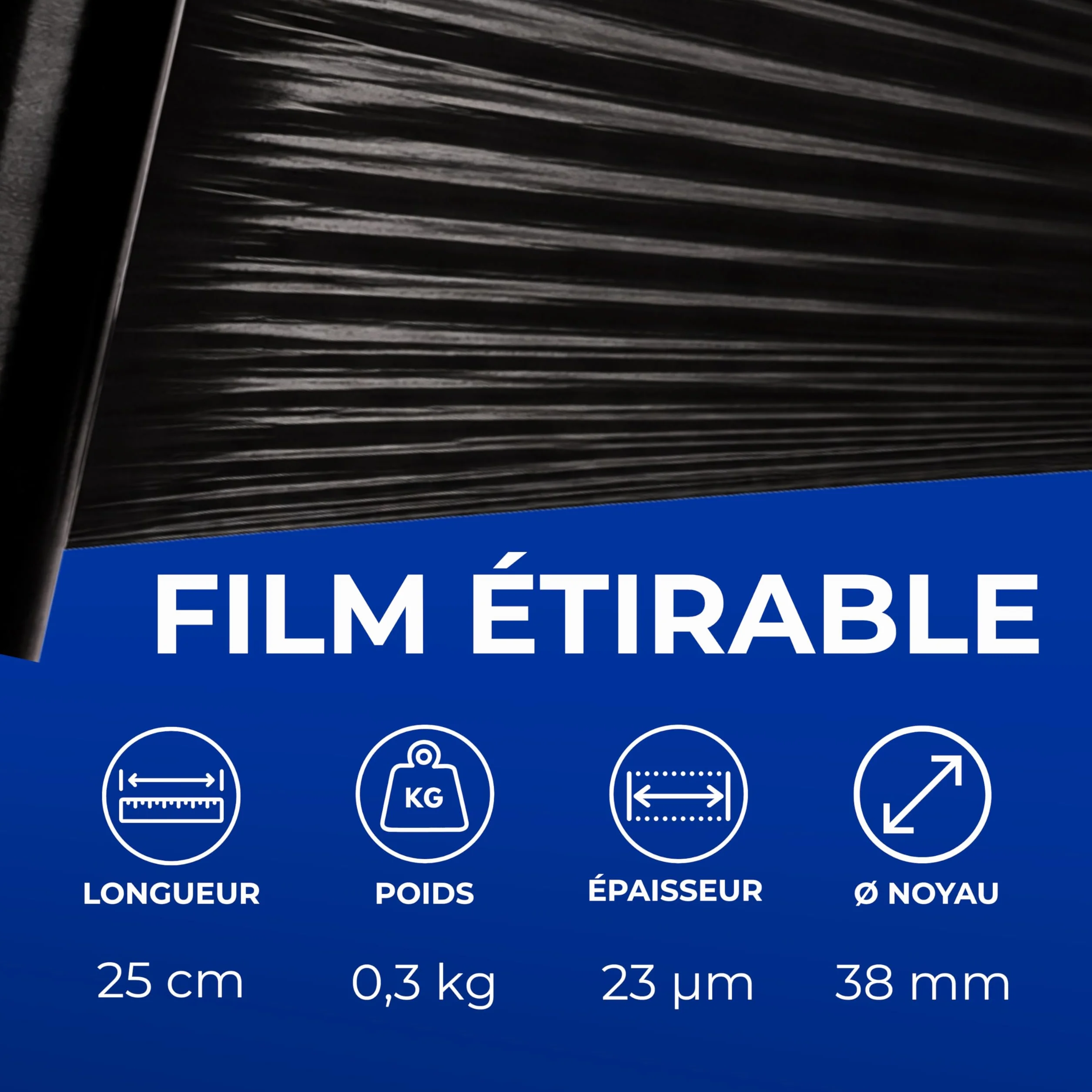 Film étirable Noir 25 cm 3 rouleaux opaque 300 g mandrin Ø38 mm