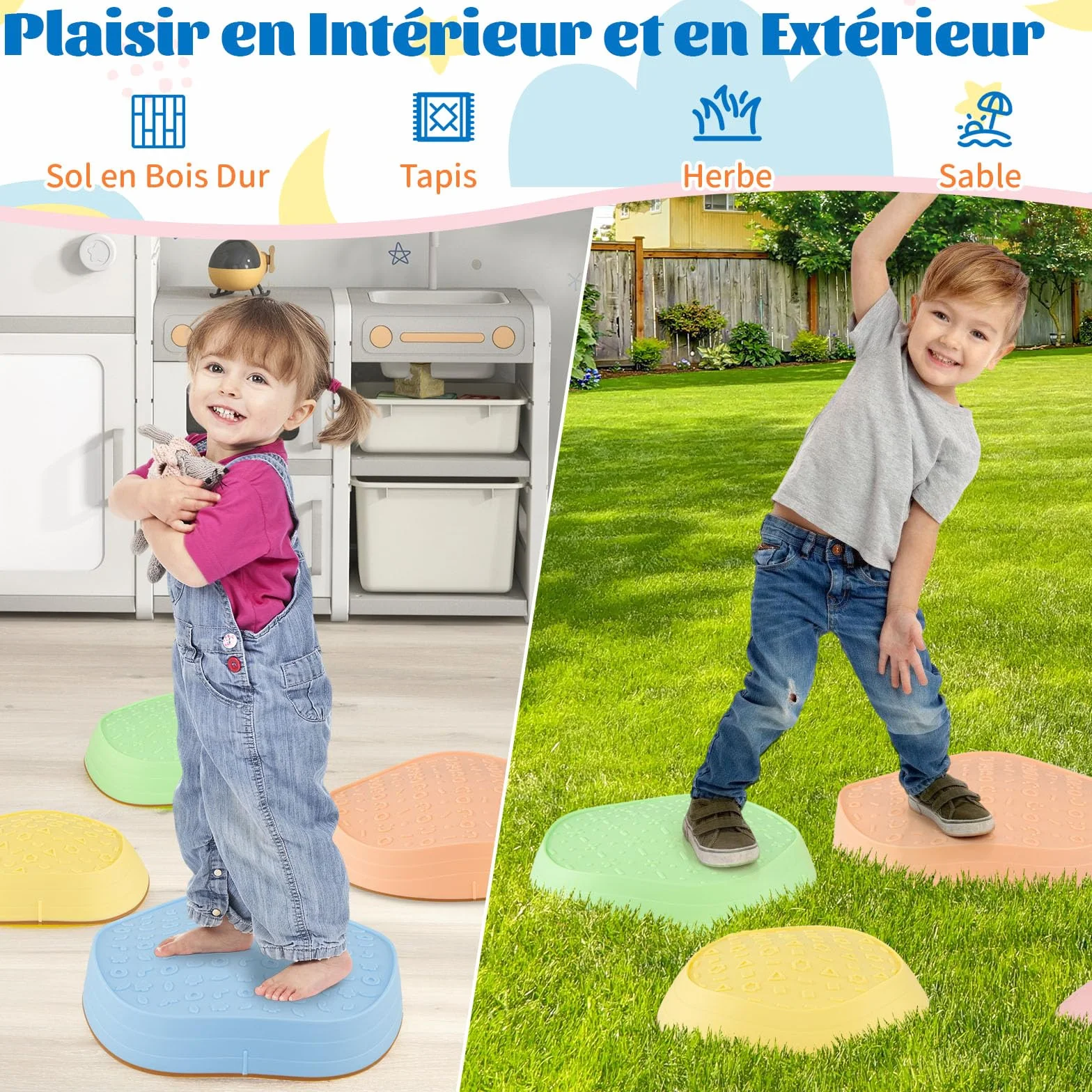 GOPLUS Pierres d'Équilibre pour Enfants, 5 Pièces Parcours de Motricité Antidérapantes Empilables avec Sac de Rangement