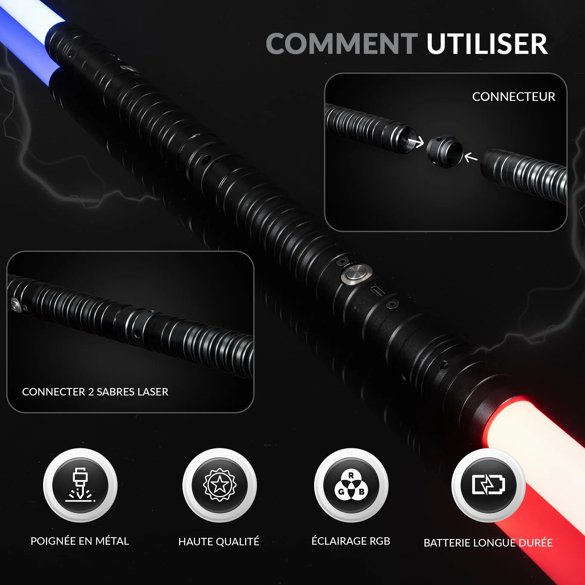 Sabre Laser Enfants Adultes Lot de 2 Épée Laser Double Lame 15 Couleurs Effets Sonores Rechargeable USB Manche Métal Noir