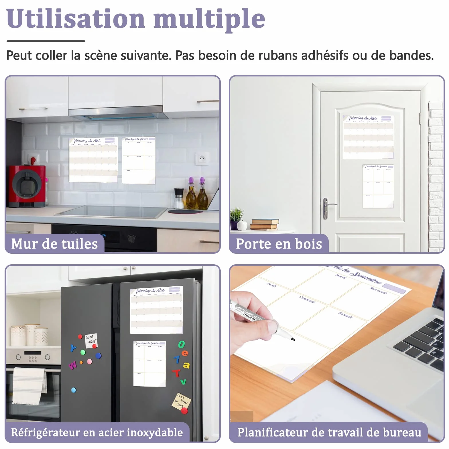 Tableaux Blancs Calendrier Effaçable à Sec Lot de 2 – Mensuel + Semainier avec 4 Marqueurs – Adhésif Non Magnétique pour Réfrigérateur Inox, Mur, Verre, Bois