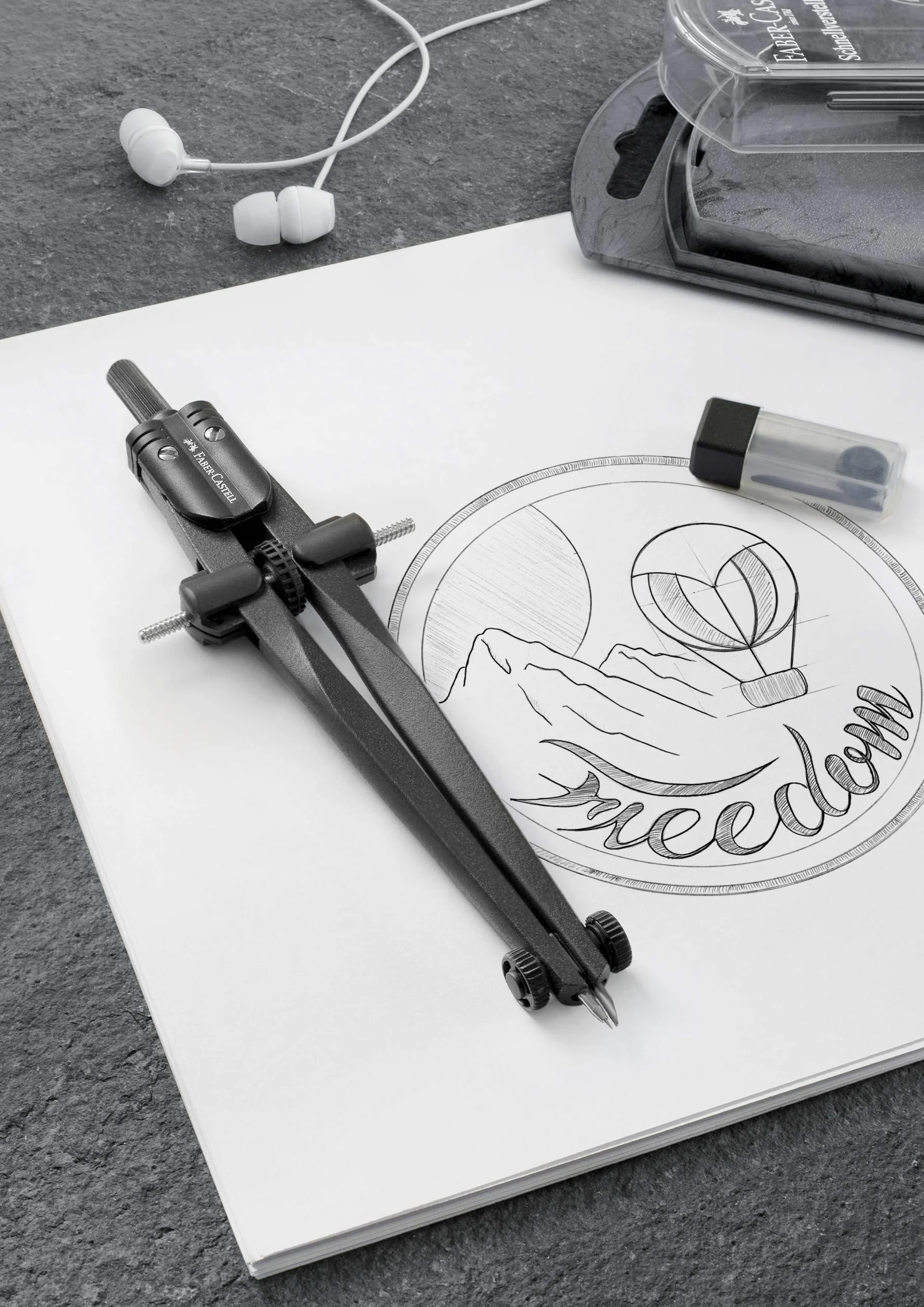FABER-CASTELL Compas à réglage rapide Stream, Blackstone, set avec pièces de rechange