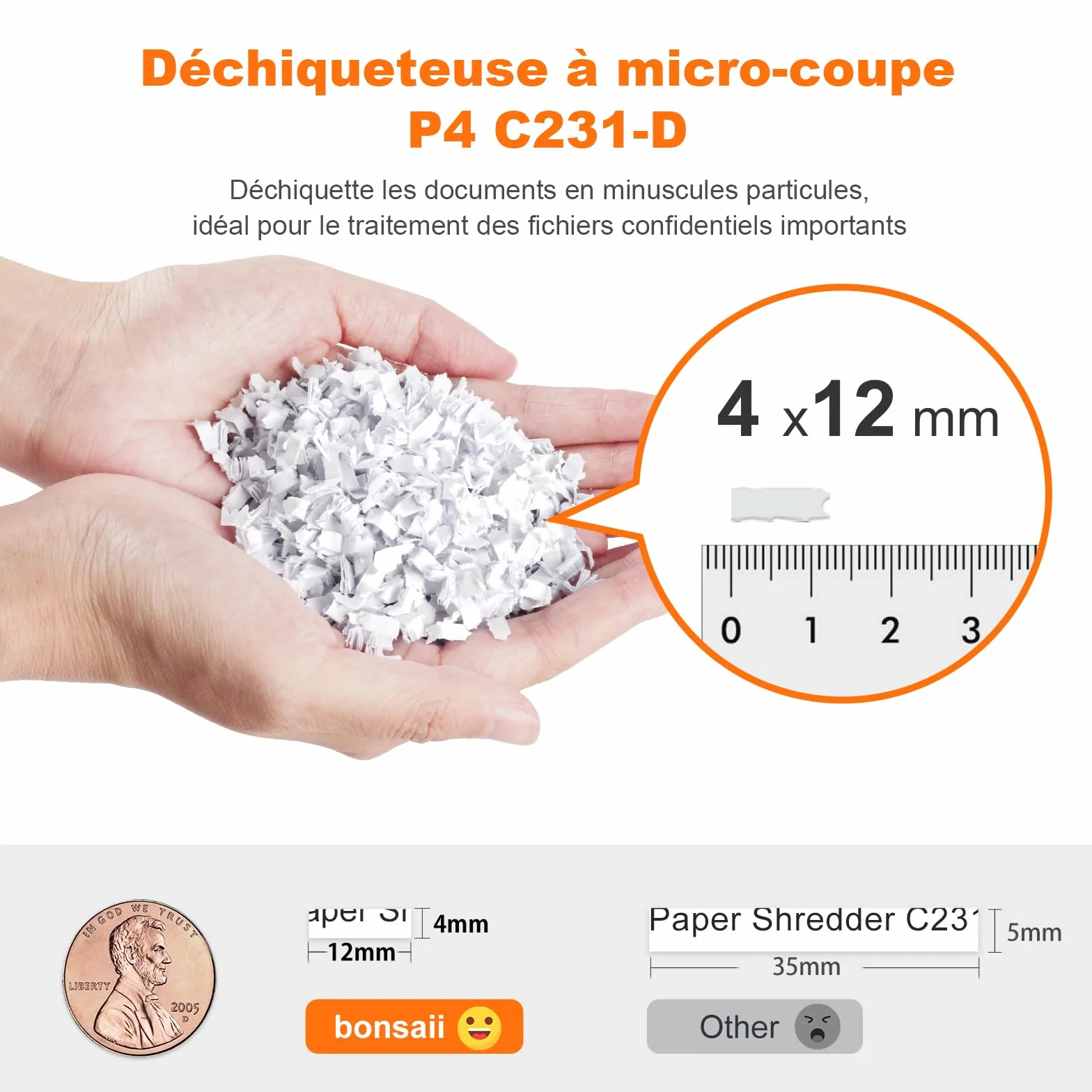 Bonsaii Destructeur de Documents Coupe Micro-particulaire P4, Alimentation Automatique 100 Feuilles, 30 Min Continu, 16L, C231-D