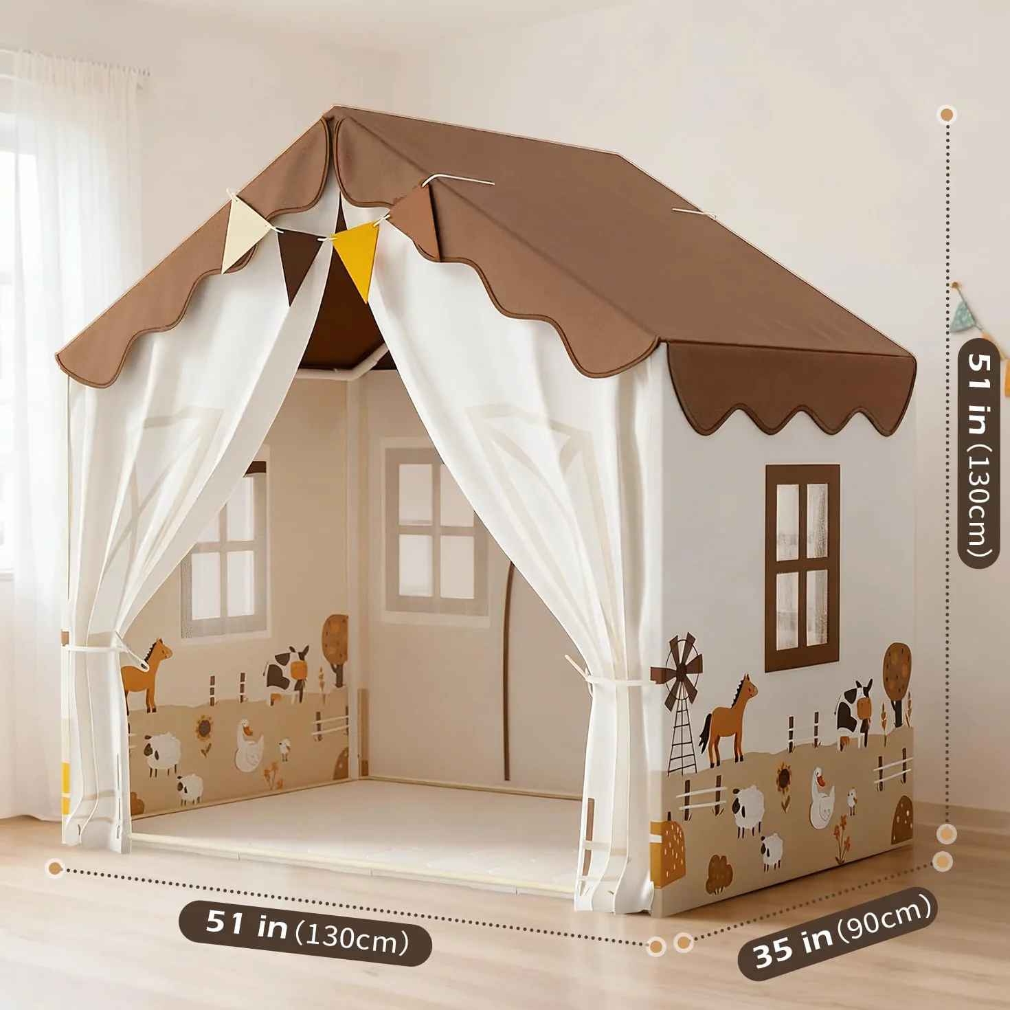 EagleStone Tente de Jeu pour Enfants avec Guirlandes et Tapis Moelleux, Intérieur, Cabane Lit-Tente, Coin Douillet, Beige