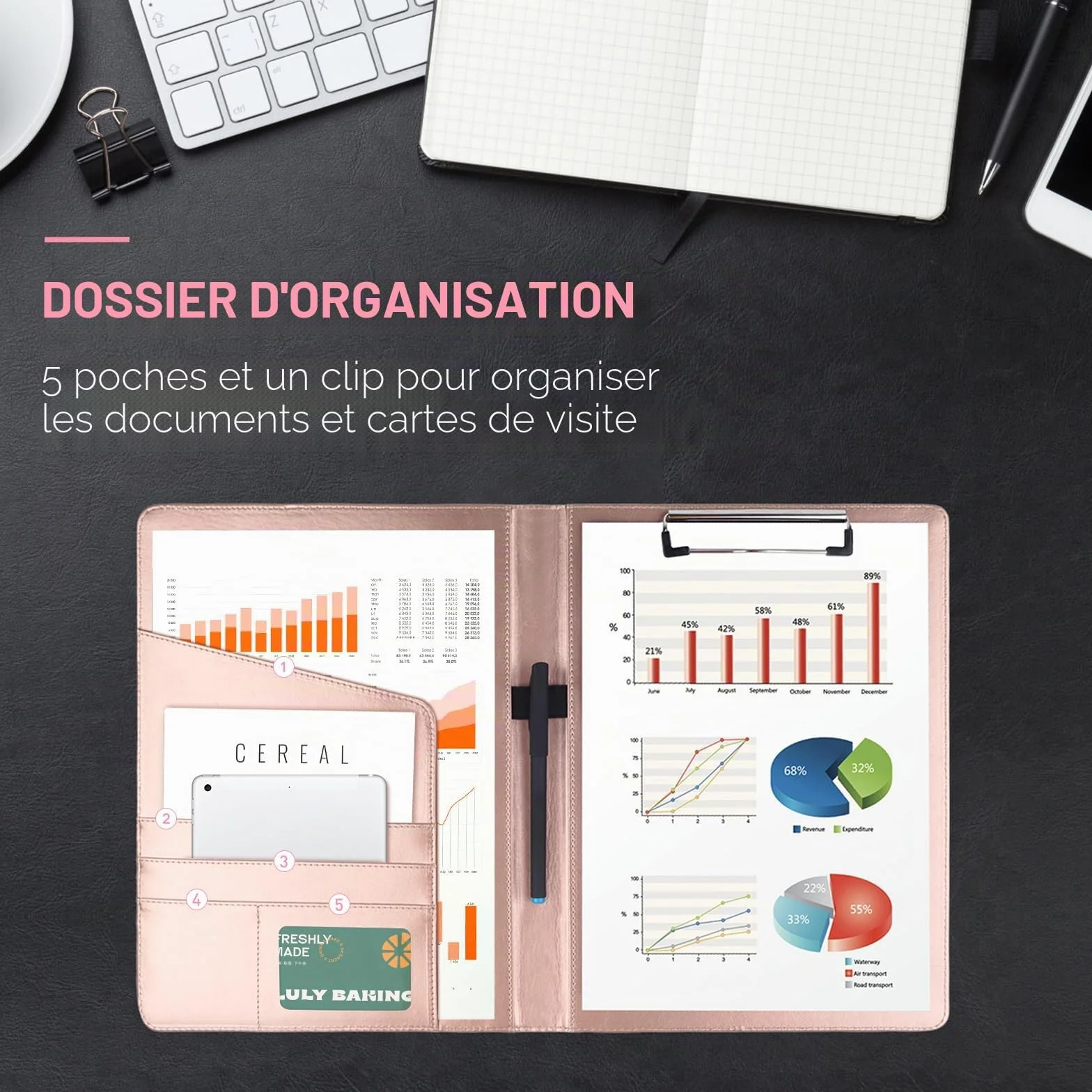 Porte-documents GES A4 en cuir avec pince-notes pour CV entreprise école bureau conférence (Or rose)