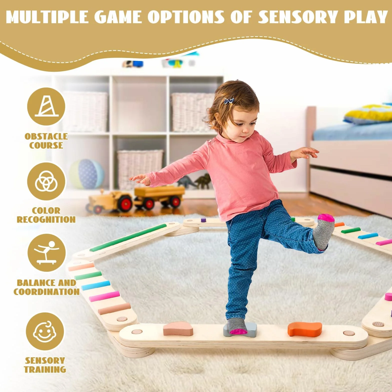 Poutre d'Équilibre en Bois pour Enfants Jouets Montessori Entraînement Intérieur Extérieur
