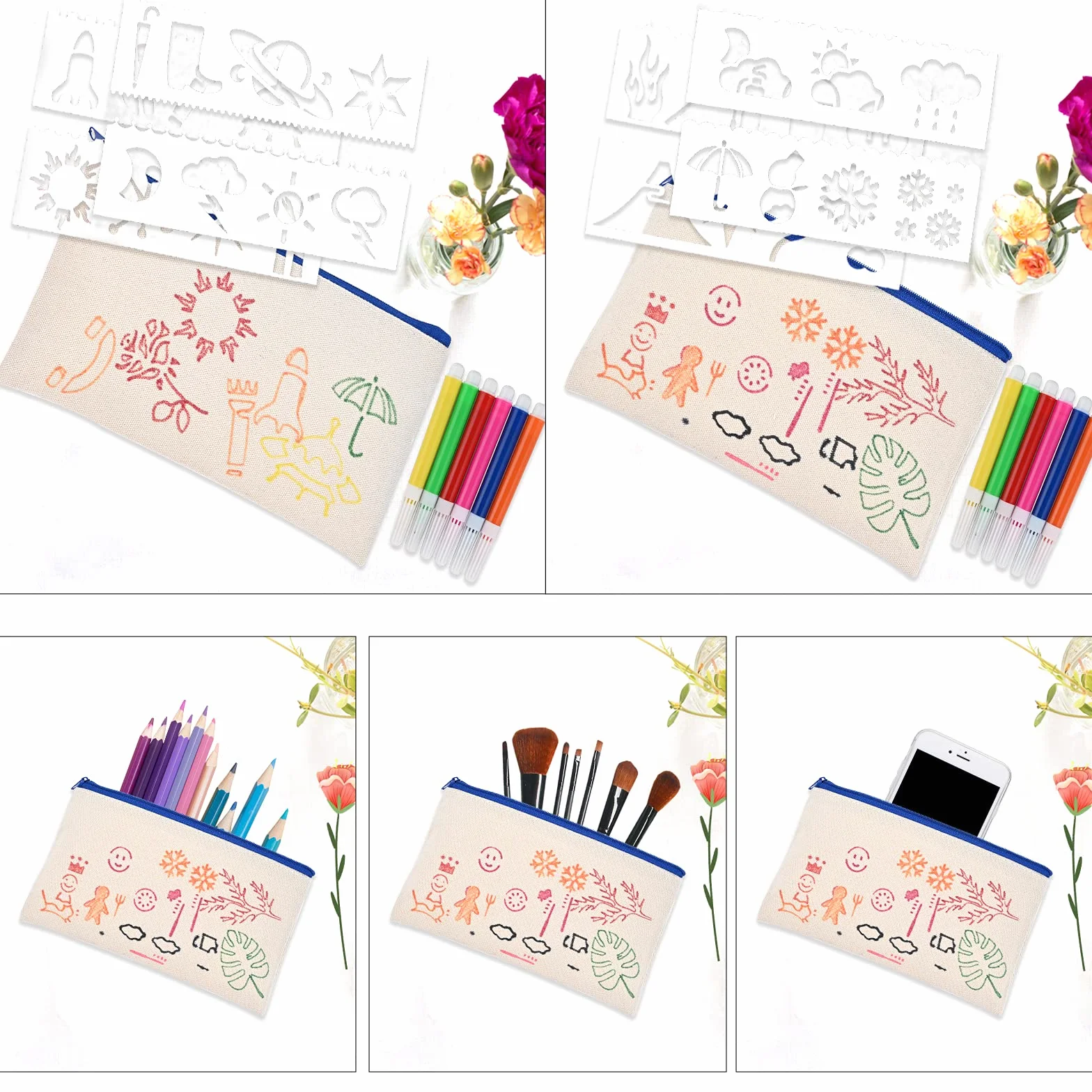 Cieex Trousse à Décorer 15 Pièces Pochette Tissu Zippée Personnalisable