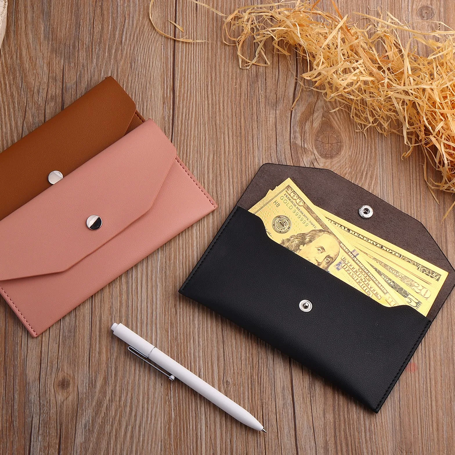 Molain Portefeuille d'enveloppe de trésorerie en cuir PU réutilisable 7,2 x 3,6 po Noir