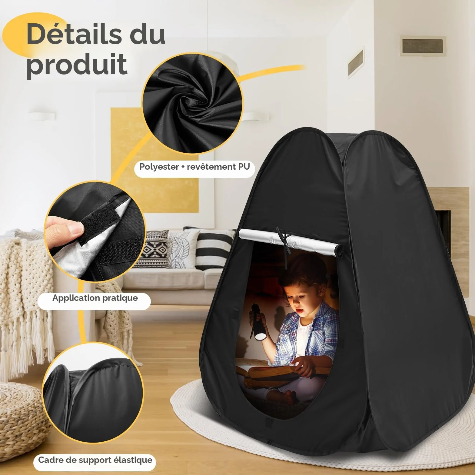 Tente sensorielle pop-up noire pour autisme anxiété SPD voyage maison école