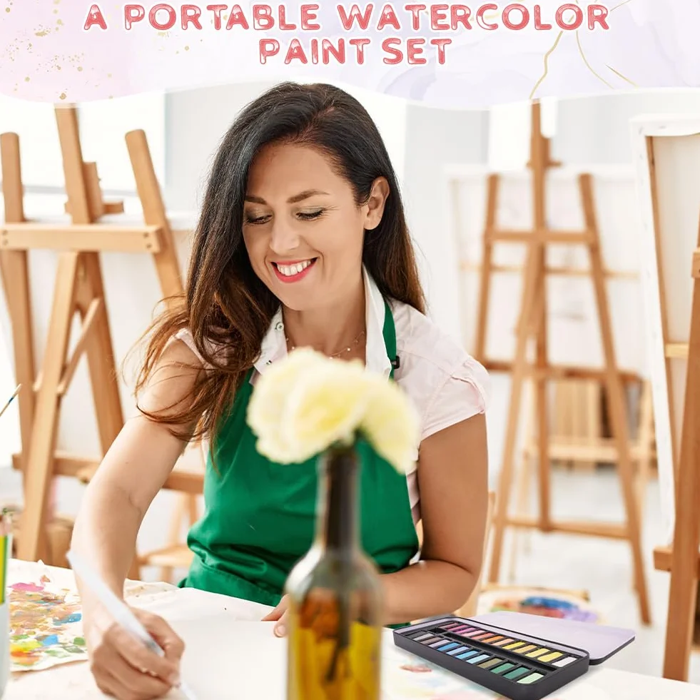 Kit de Peinture Aquarelle 24 Couleurs avec Brosses et Éponges, Palette de Poche pour Artistes