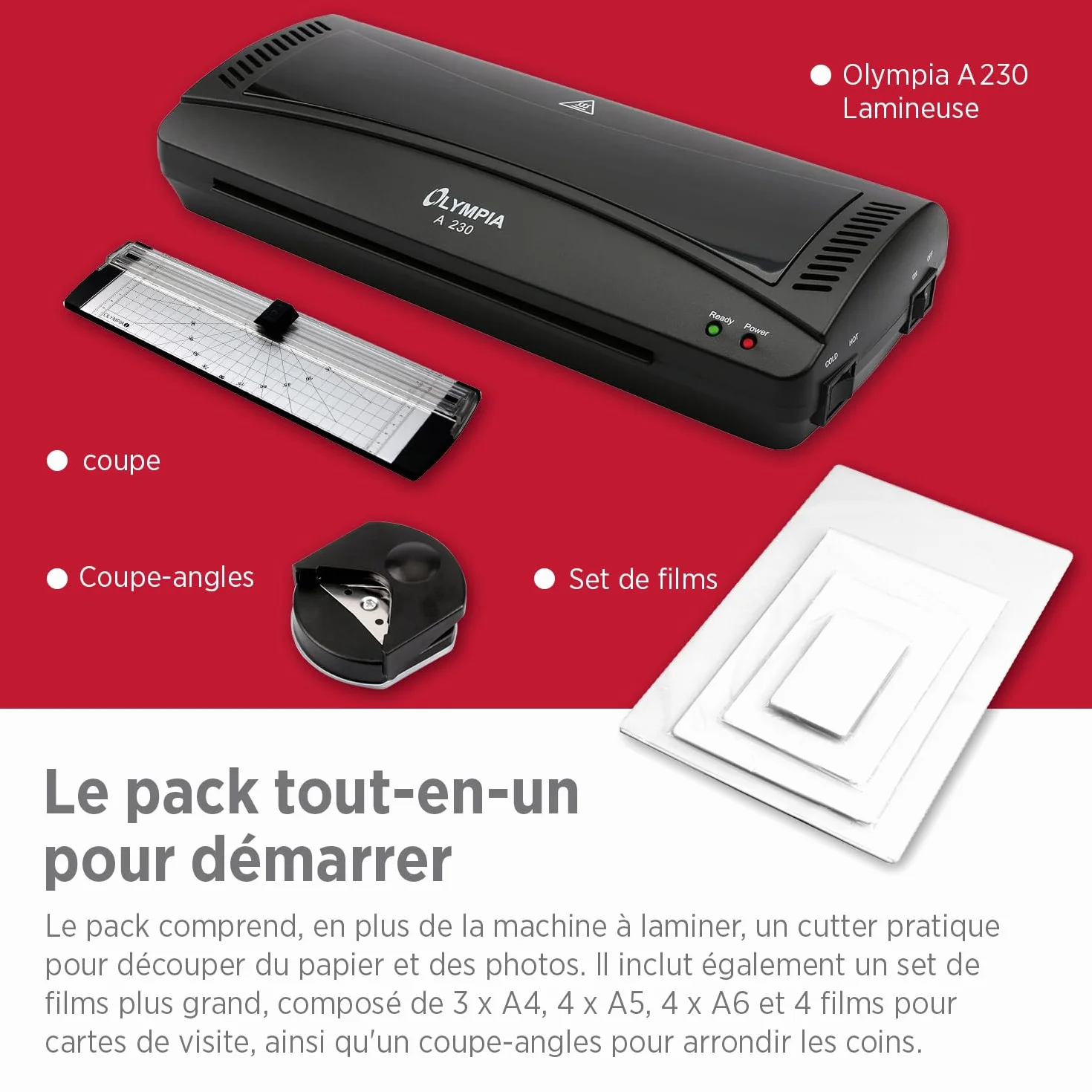 Olympia Plastifieuse A4 4 en 1 avec arrondisseur d'angle, coupe-papier et films de plastification