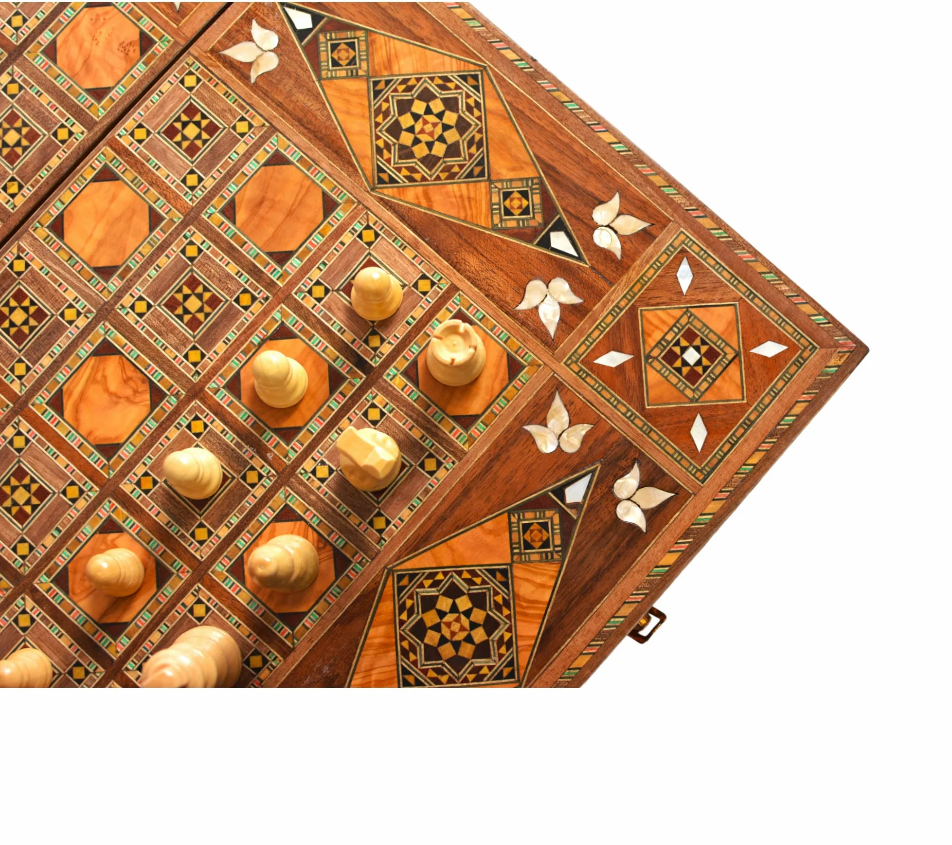 Jeu d’Échecs et Backgammon 2 en 1 en Bois 20’’ – Plateau Fait Main Incrusté de Nacre – Coffret de Luxe Cadeau Artisanat