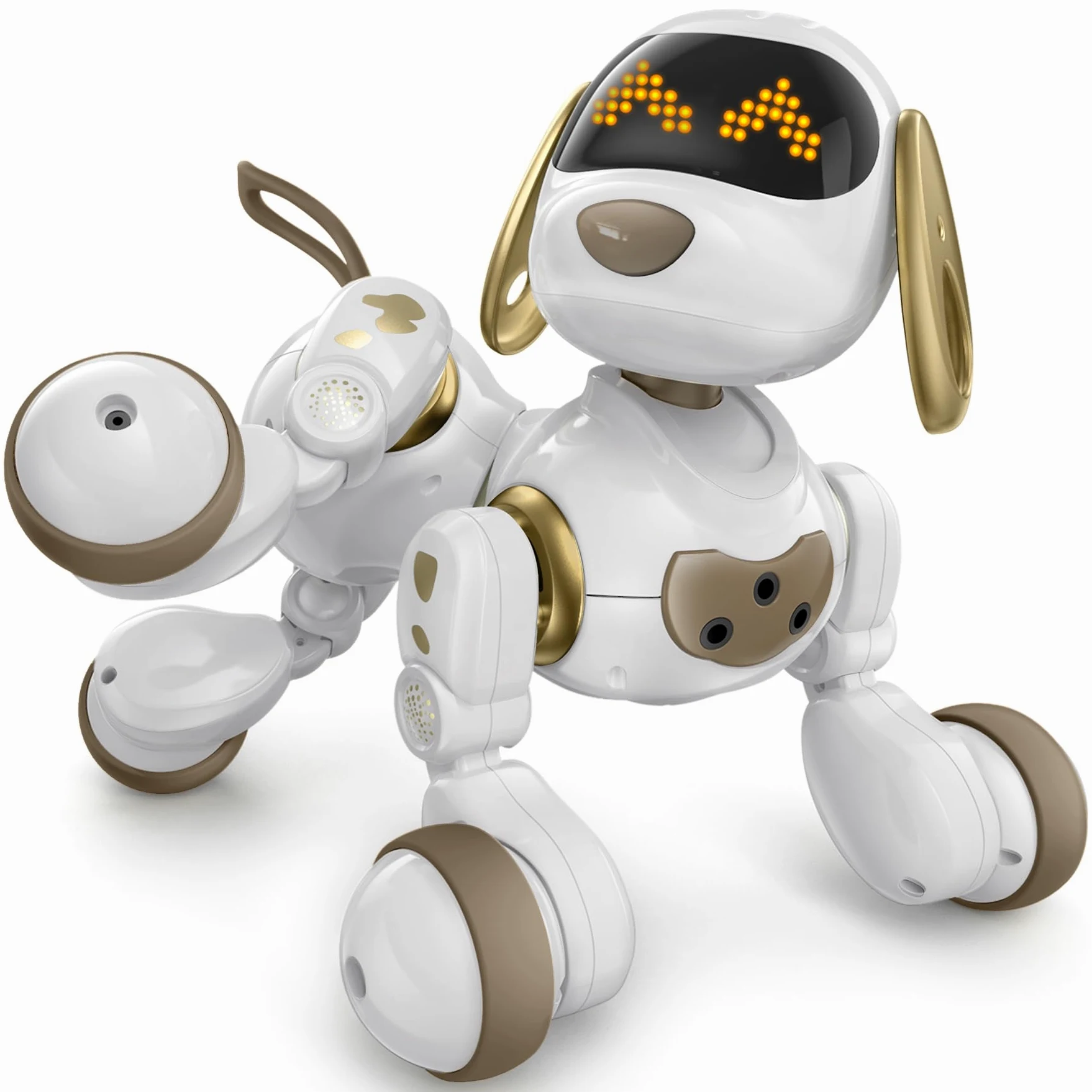 Ruko 18011 Chien Robot Intelligent Interactif avec Visages LED, Blanc Or | 50 mouvements programmables, contrôle gestuel et télécommande 2.4GHz, détection d’obstacles, jeu interactif, jouet dès 3 ans