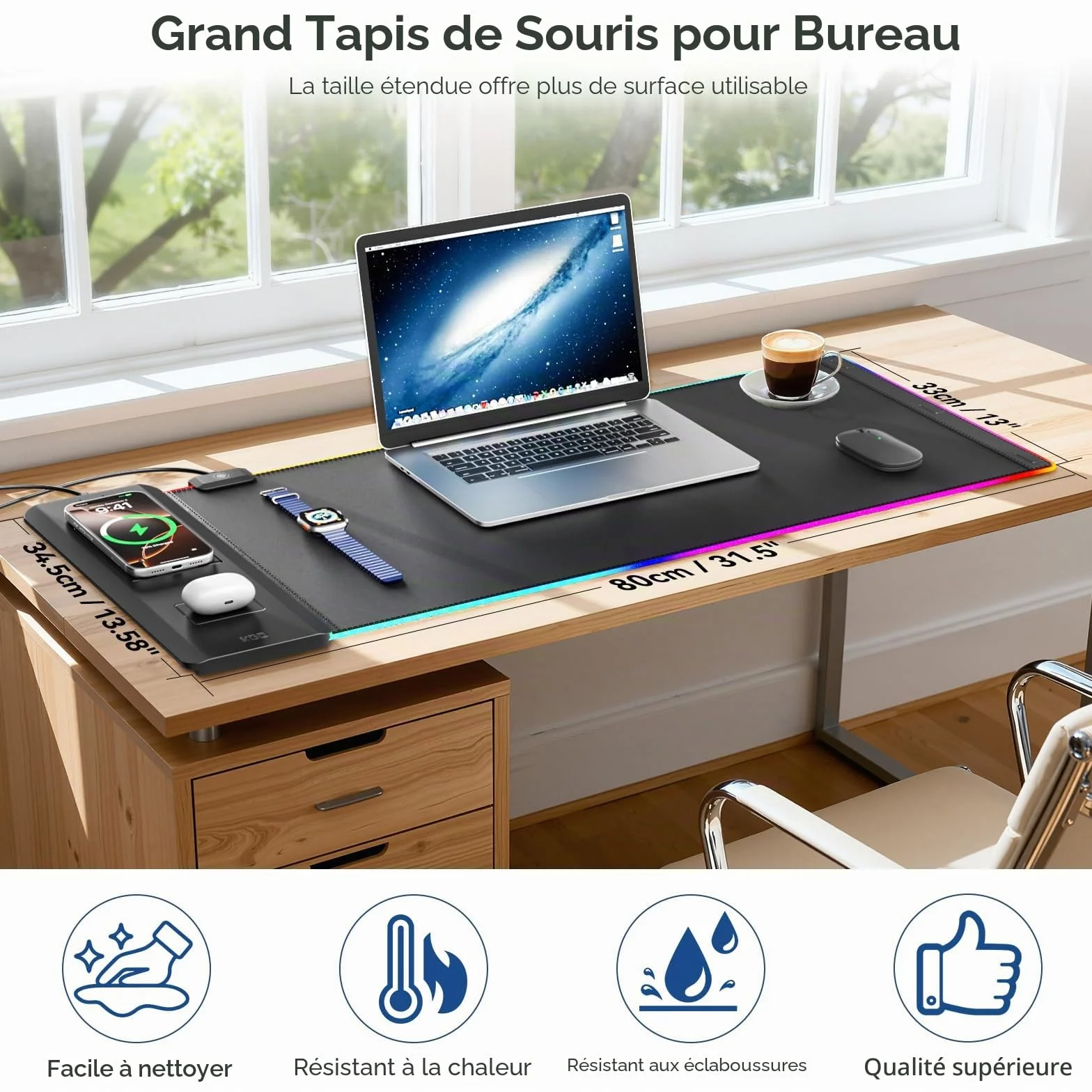 KDD Tapis de Souris avec Support Téléphone Pliable - Recharge sans Fil Rapide 15 W - sous-Main Gaming Surface Ultra-Lisse, Base Antidérapante