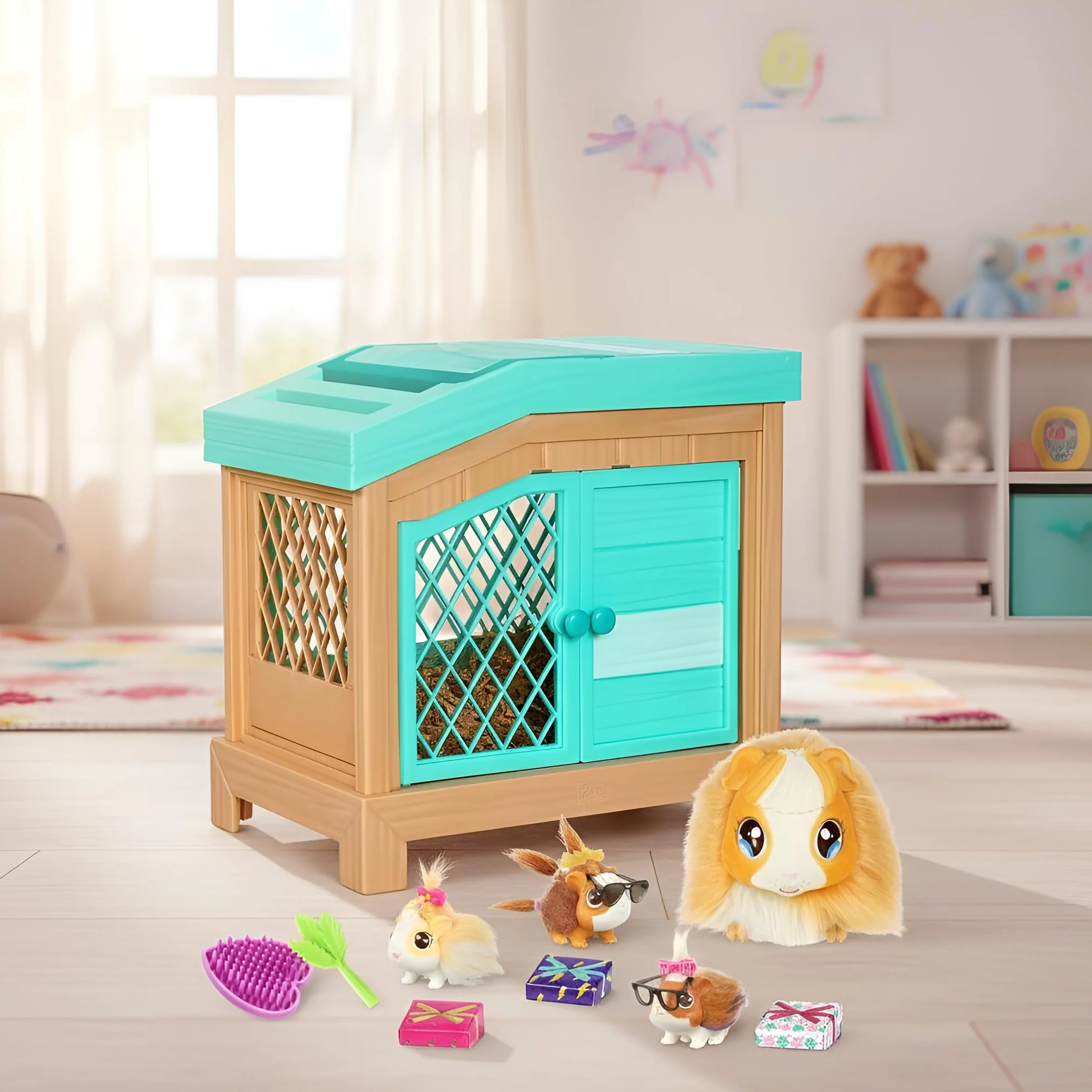 LLP Little Live Pets Mama Surprise Maman Cochon d’Inde Interactive Pelage Doux avec Clapier et 3 Bébés Surprises Sons et Réactions