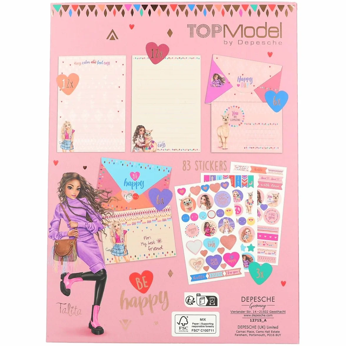 Depesche TOPModel Cosy 12715 Set de papier à lettre, 24 feuilles, enveloppes, autocollants Noir
