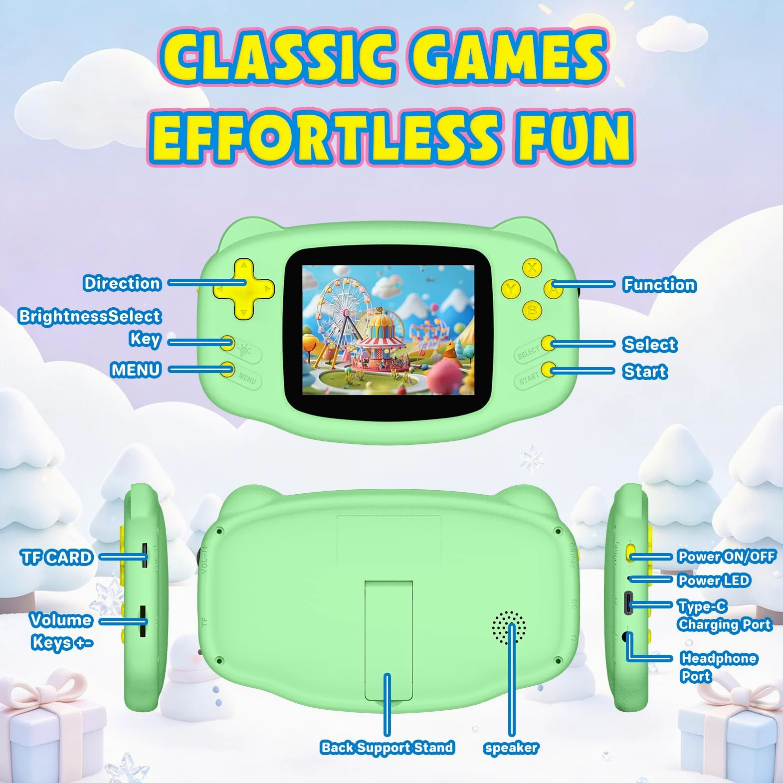Console de jeu portable 16 bits, 300 jeux vidéo rétro préchargés, console de jeu rétro avec écran IPS de 3,2", mini lecteur de jeu vidéo portable rechargeable pour voyage et voyages en voiture