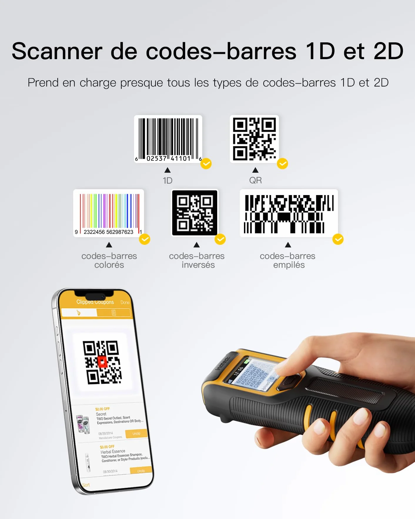 Inateck Lecteur Code Barre sans Fil 2D, Bluetooth QR, 2600 mAh, BCST-47