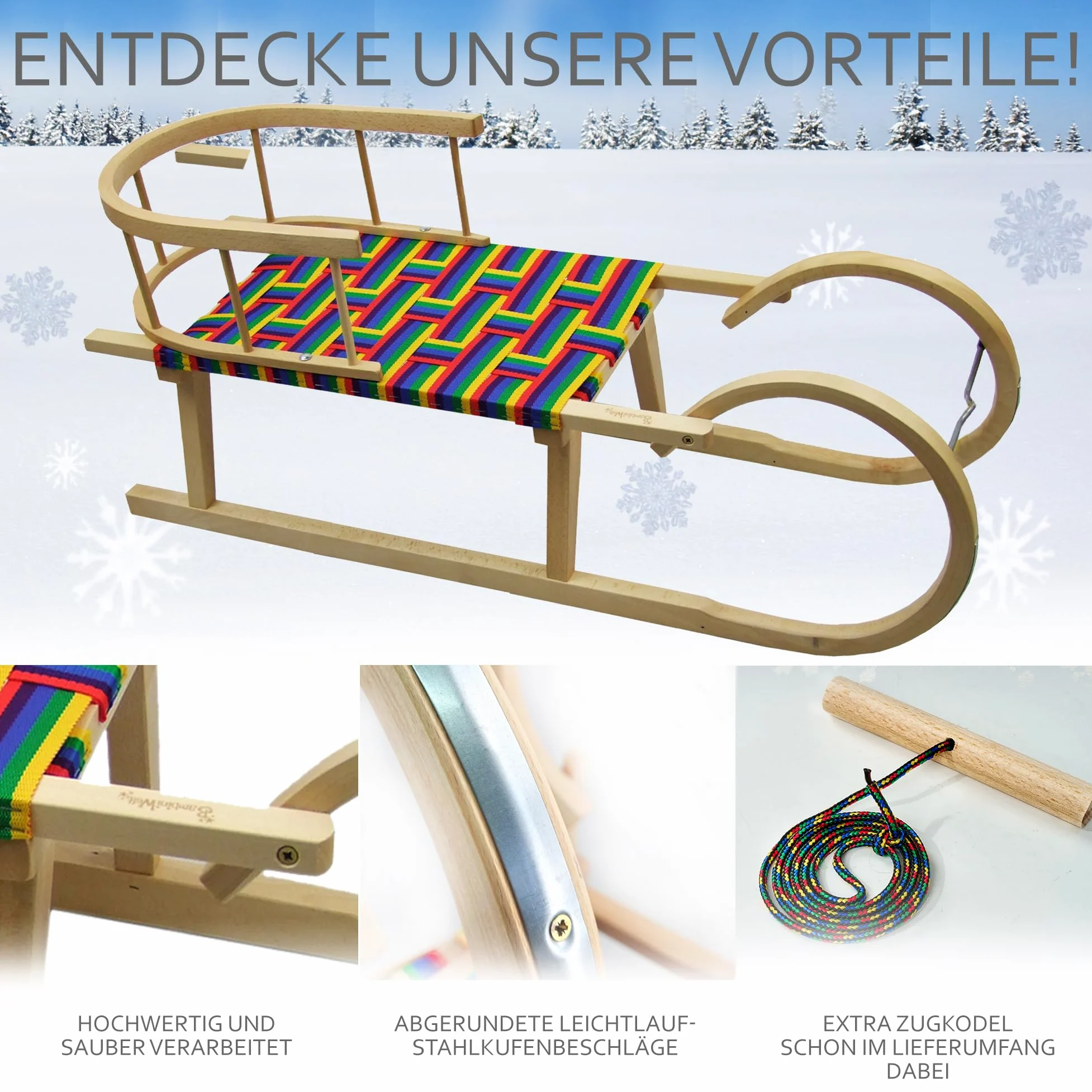 Luge à cornes [Luge à cornes en bois] avec dossier, corde de traction, ferrures de patins en acier léger, 100 cm, en bois de hêtre, avec siège de sangle, fibres synthétiques avec dossier, pour 2