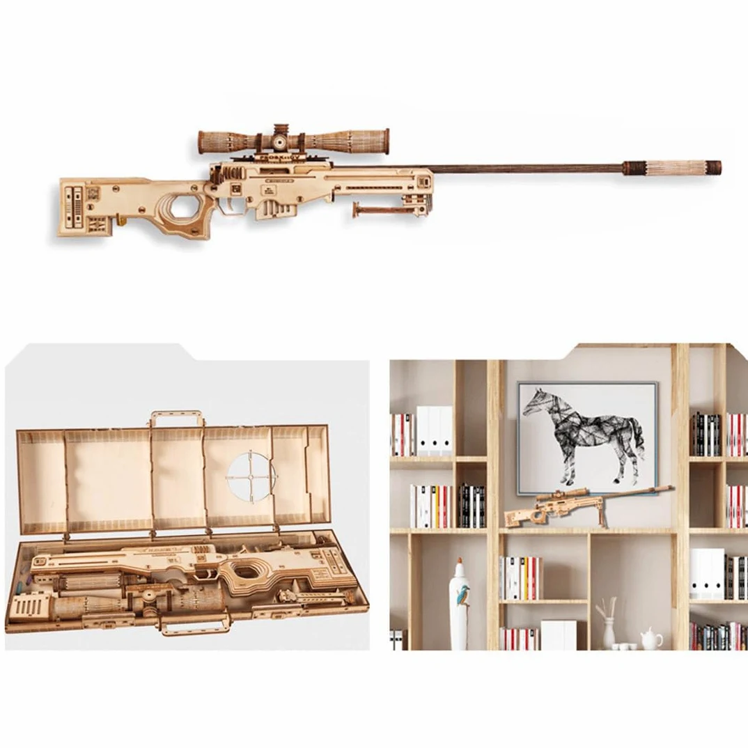 AWM – Casse-tête en bois 3D pour fusil de sniper, modèle d'assemblage d'émetteur en bois gravé au laser 3D, cadeau créatif pour les amis (266 pièces/Burlywood)
