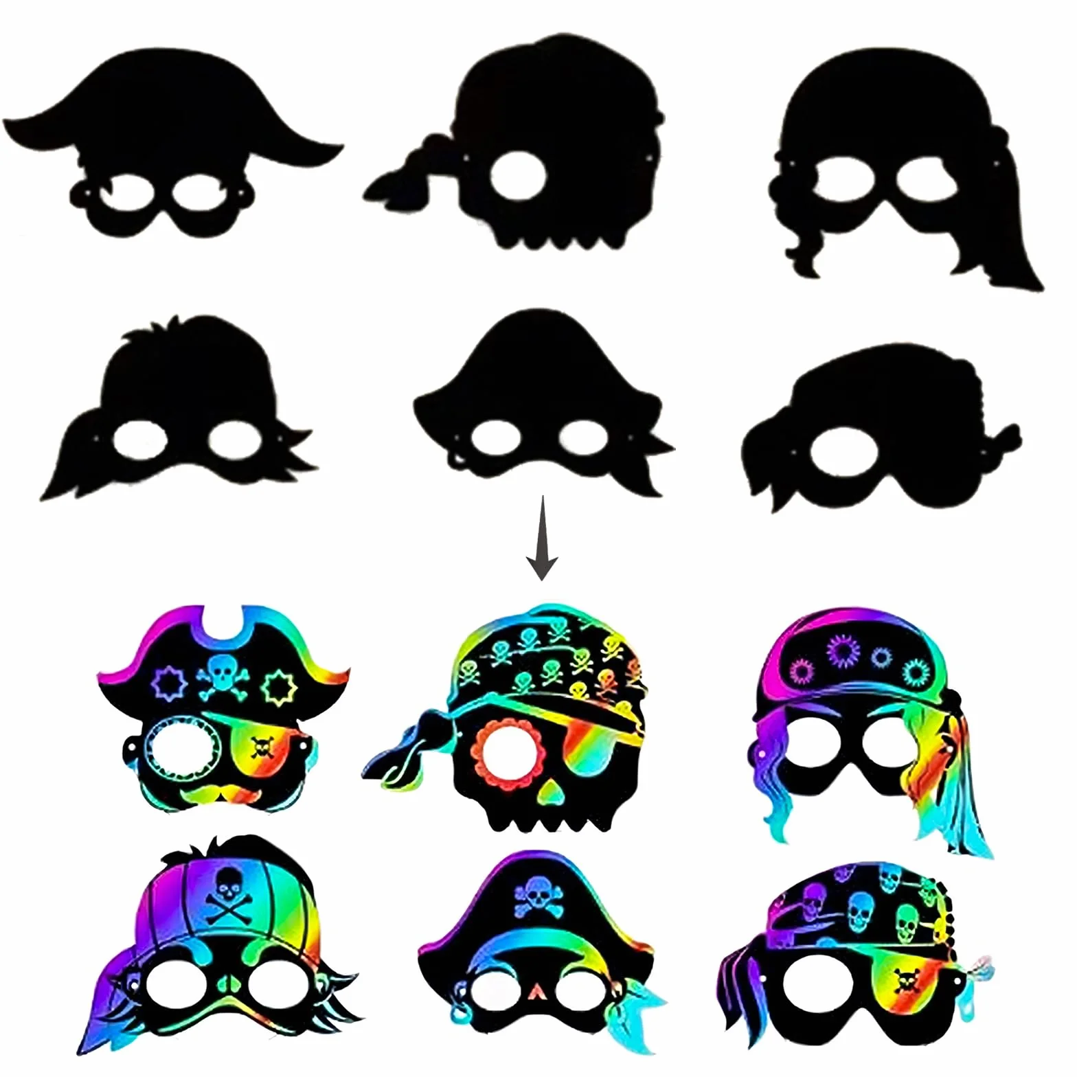 Lot de 48 masques de pirate arc-en-ciel à gratter pour anniversaire