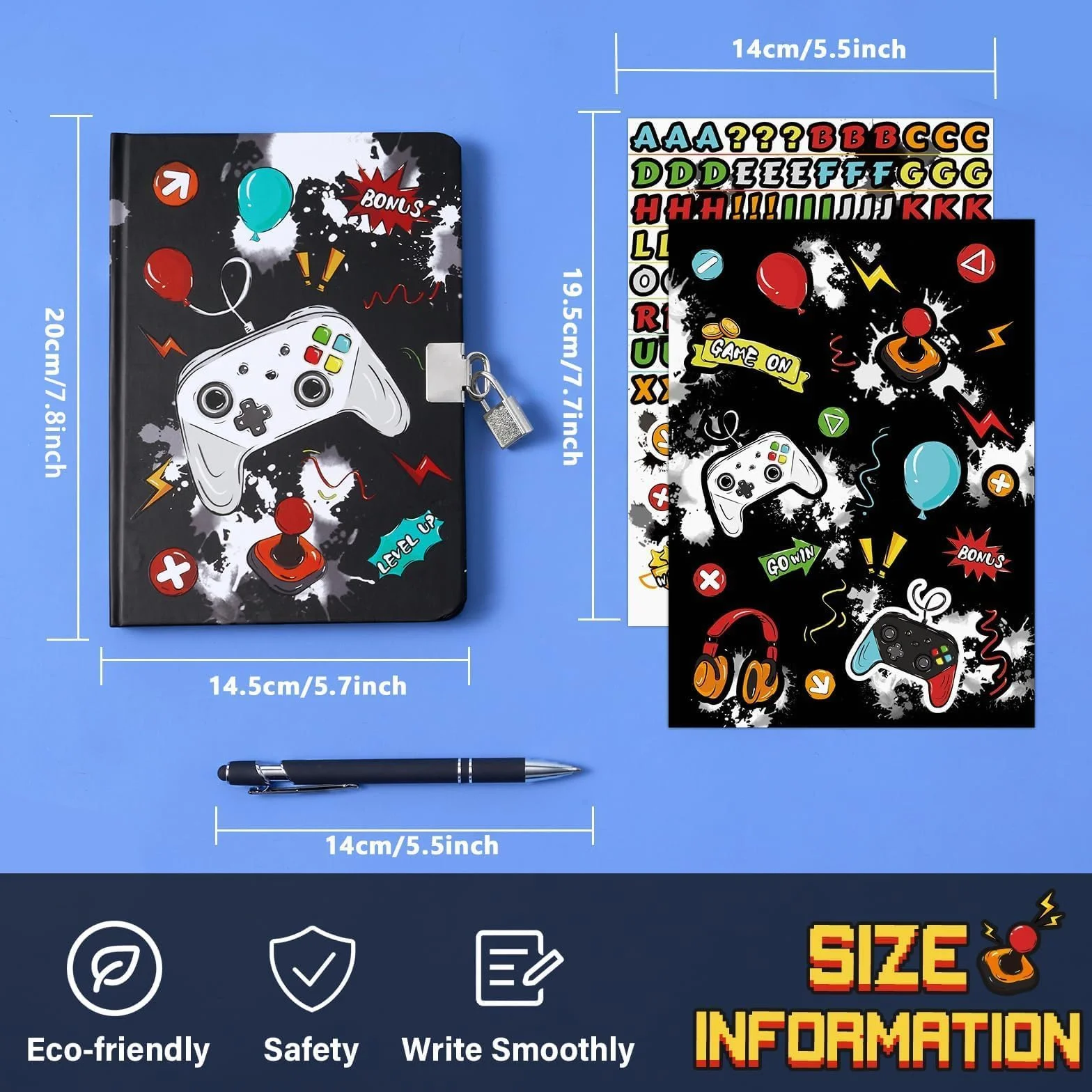 WERNNSAI Kit journal de jeu garçons - Journal lumineux enfants cadenas clés stylo autocollants carnet écriture ligné A5 jeux vidéo