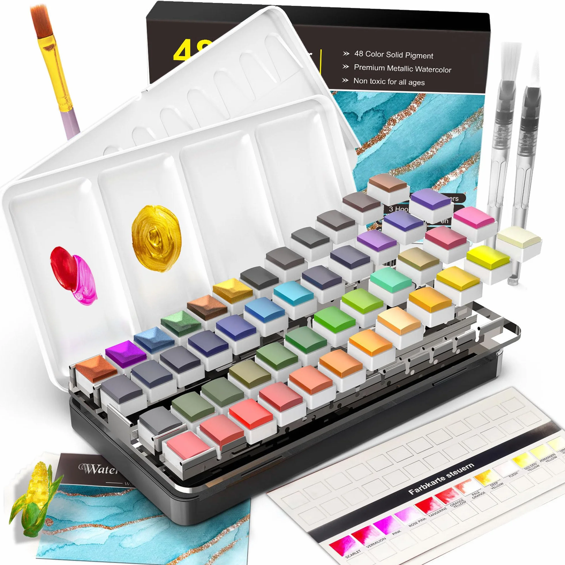RATEL Ensemble de Peinture à l'Eau Aquarelle 48 Couleurs avec Pinceaux et Papier