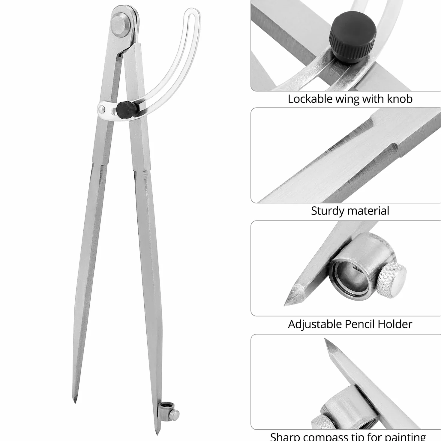 QWORK Compas Réglable 300 mm, Compas Pointu de Marquage avec Aile Verrouillable, Porte-crayon