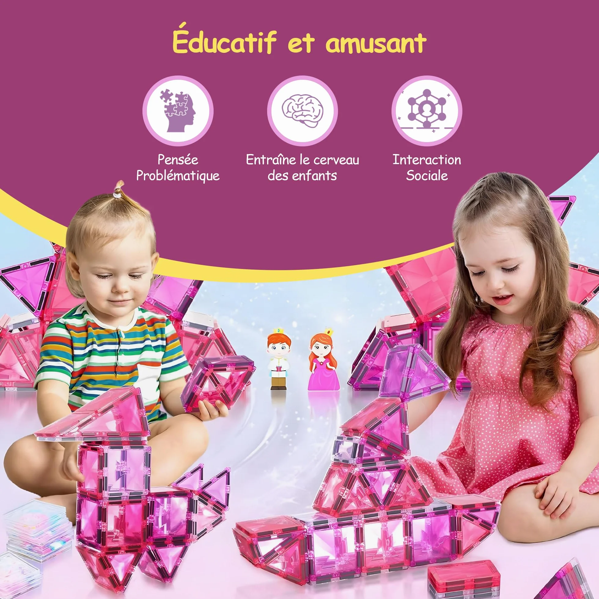 Olvy Blocs de Construction magnétiques Montessori Jouet Montessori en tuiles magnétiques Jouet de Construction magnétique 3 Ans Princesse