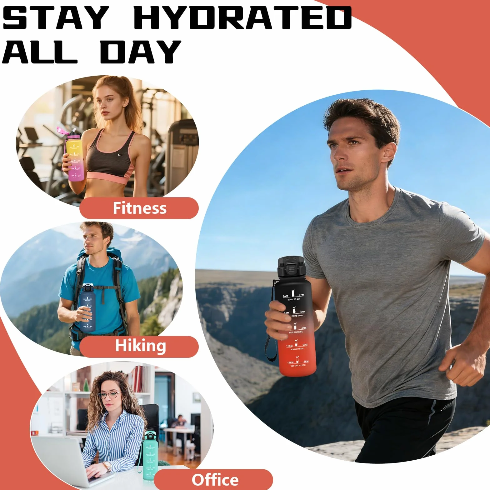Gourde Sport 1.5L Anti-Fuite avec Paille et Marqueur de Temps, Bouteille Réutilisable pour Running Escalade