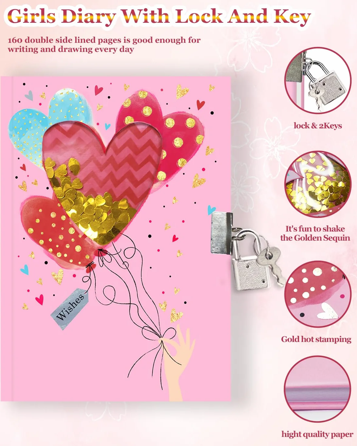 Cahier de Notes Journal Intime Fille avec Cadenas 17,8x13,5cm 80 Feuilles Ligné Paillettes Secouables