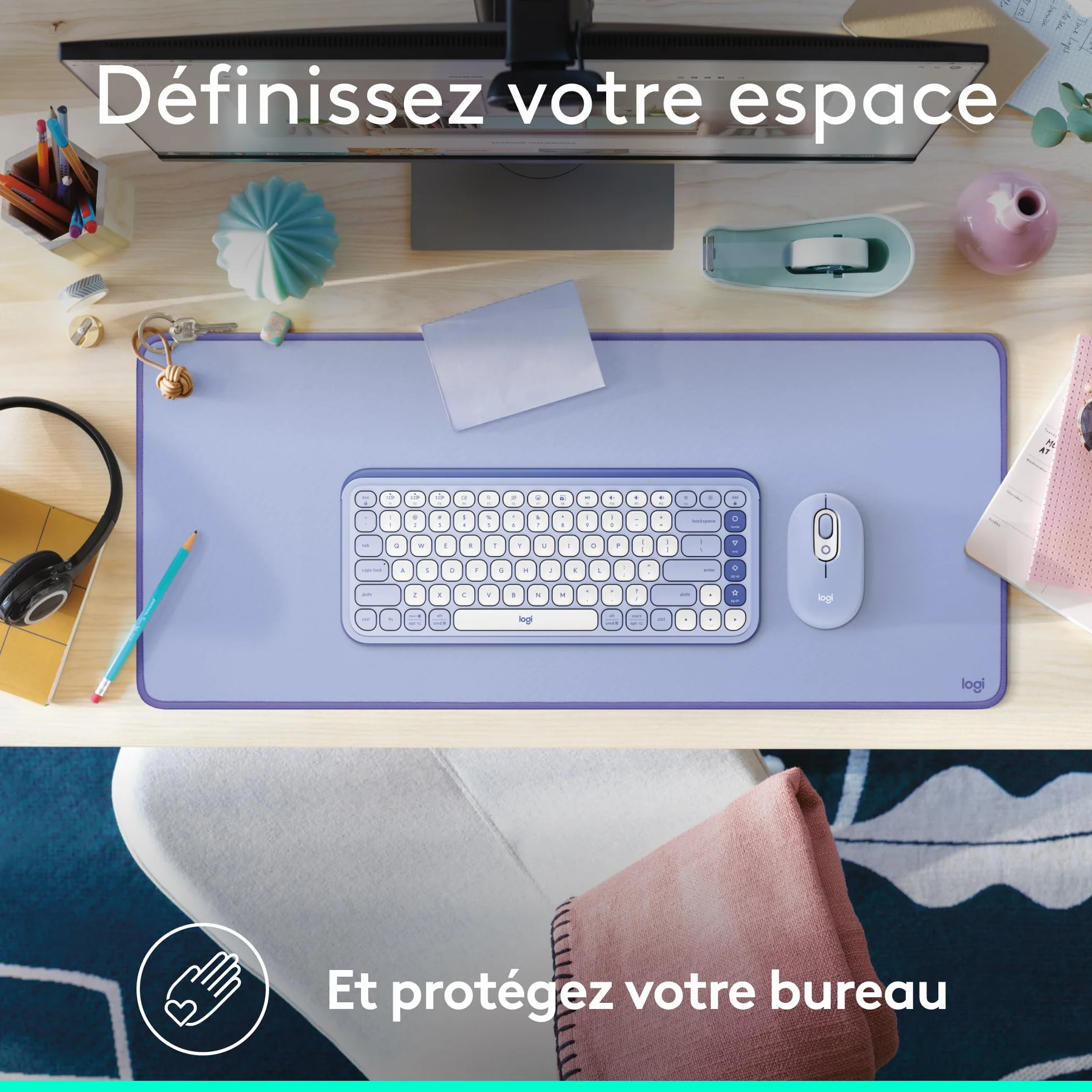 Logitech Tapis de Bureau Studio Large Multifonctionnel Anti-Dérapage Imperméable Lilas