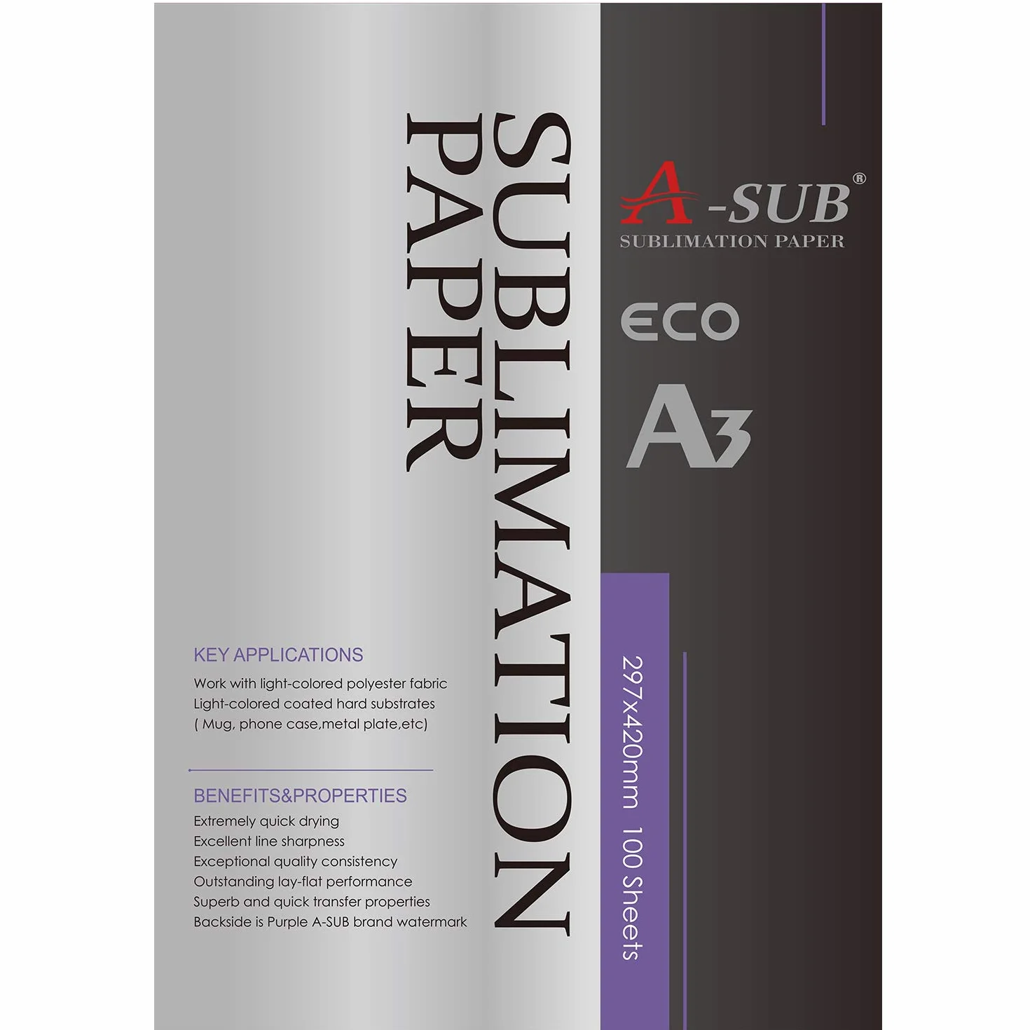 A-SUB Papier sublimation A3 297x420 mm 100 feuilles EPSON SAWGRASS RICOH BROTHER