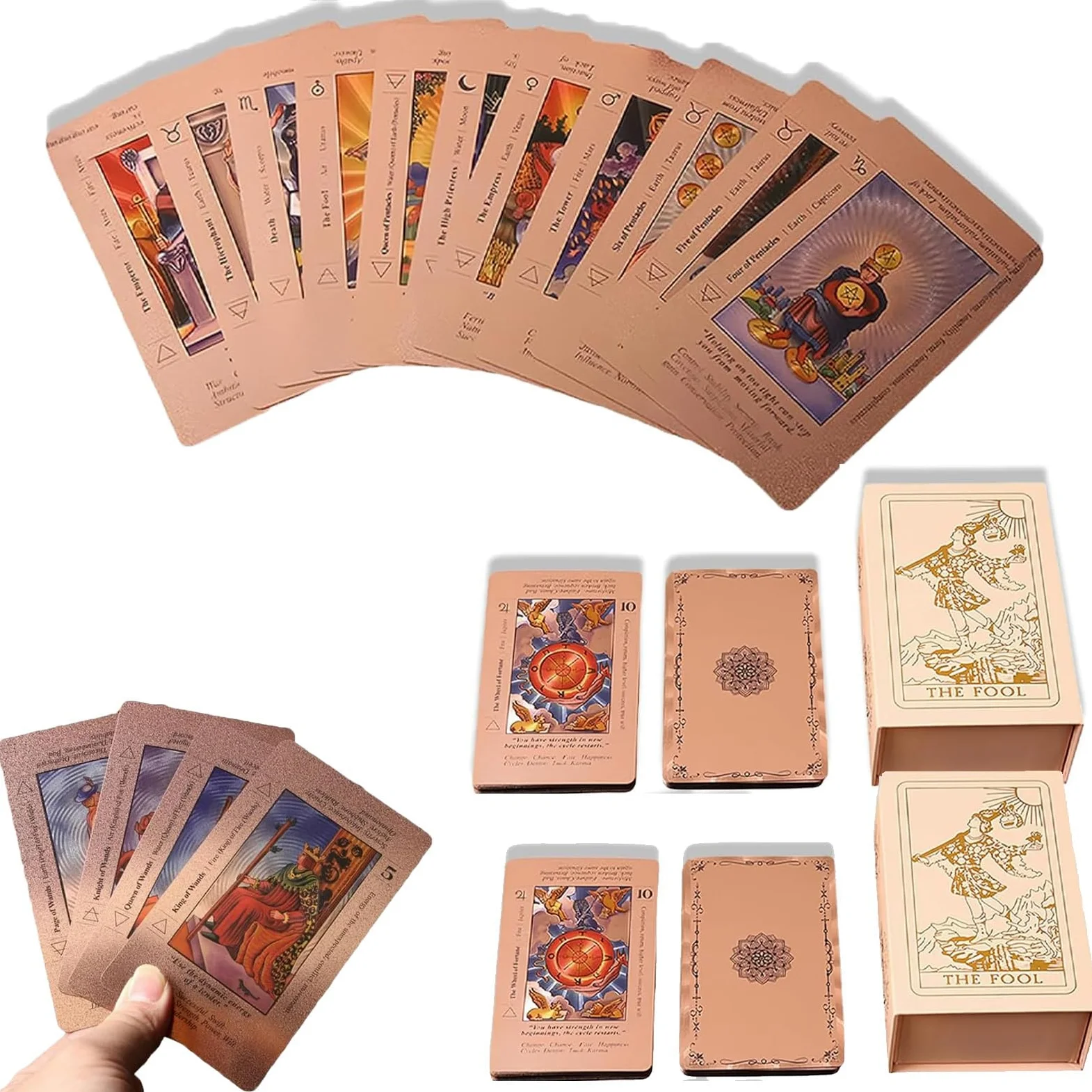 Lot de 2 cartes de tarot or rose avec guide (français non garanti), cartes de tarot en or rose, imperméable et infroissable, comprend les chakras, les planètes, les signes du zodiaque, les éléments et