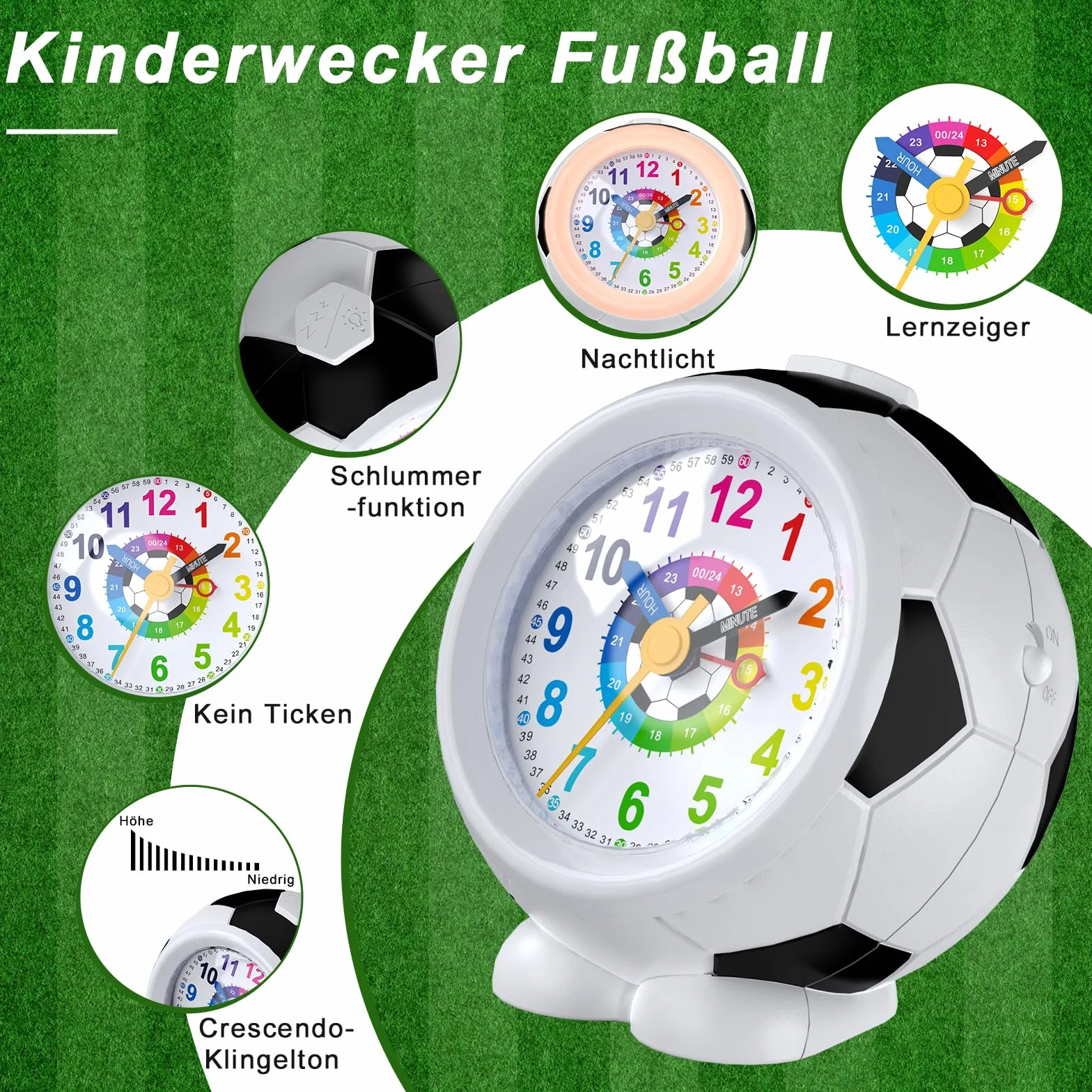 Réveil Enfant Football Garçon Fille Horloge Pédagogique Analogique Silencieux sans Tic-Tac avec Veilleuse Snooze Antidérapant Idée Cadeau Éducatif 5-12 Ans