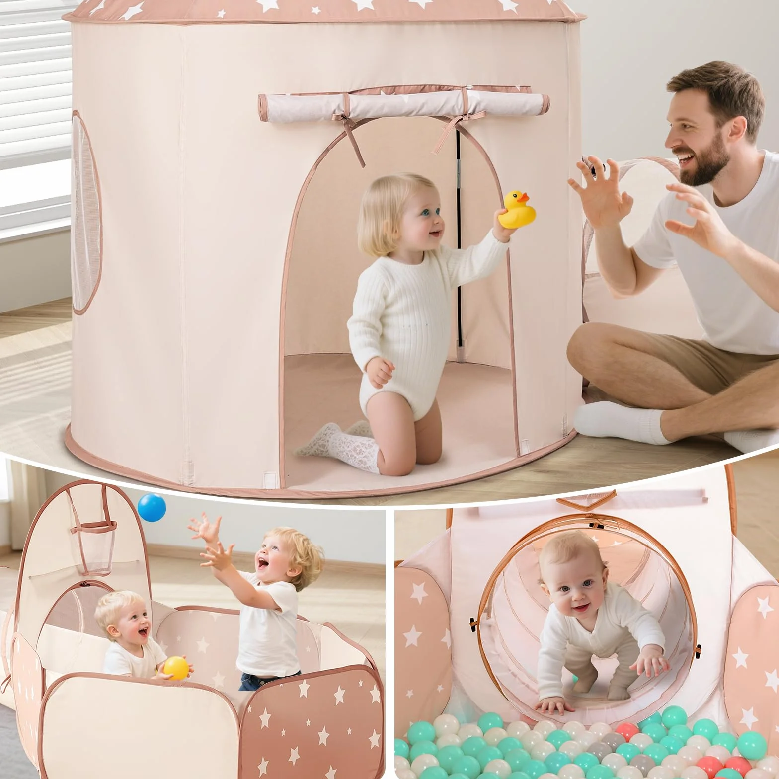 Tente de Jeu Enfants Intérieur 3-en-1 Pop Up Pliable avec Tunnel et Piscine à balles